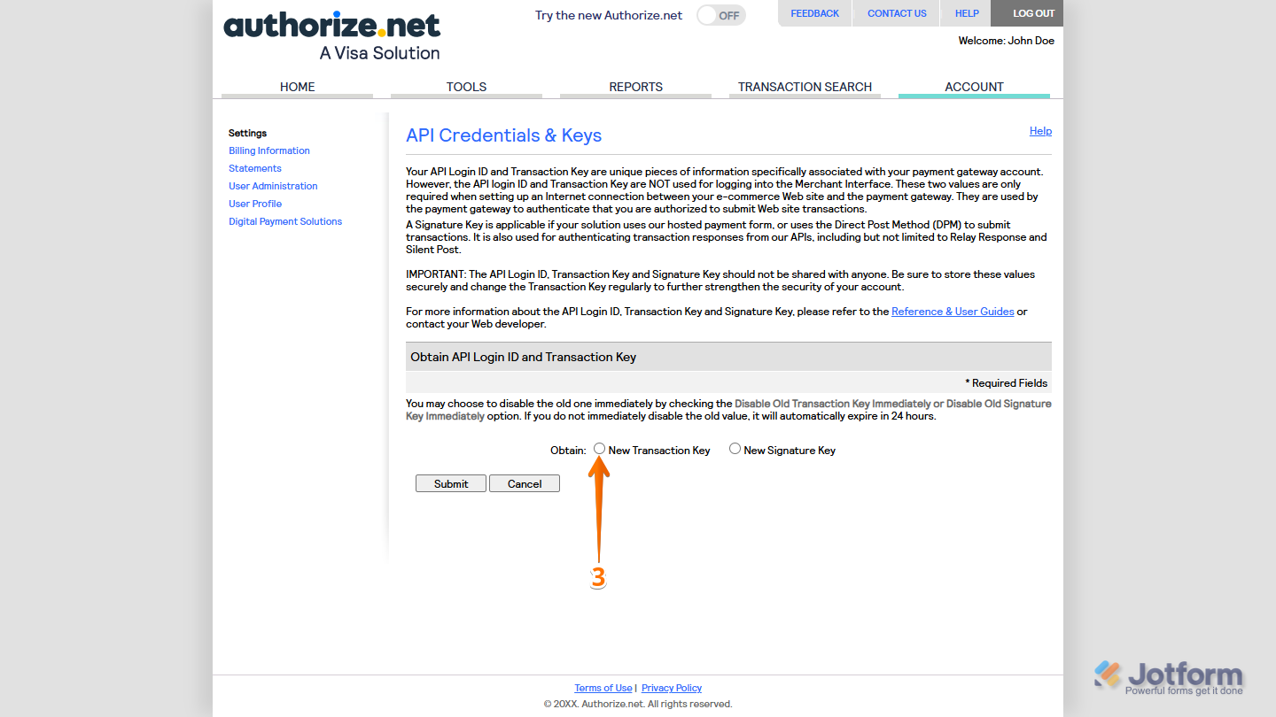 New Transaction Key option in the Obtain API Login ID and Transaction Key section in API Credentials & Keys in Authorize