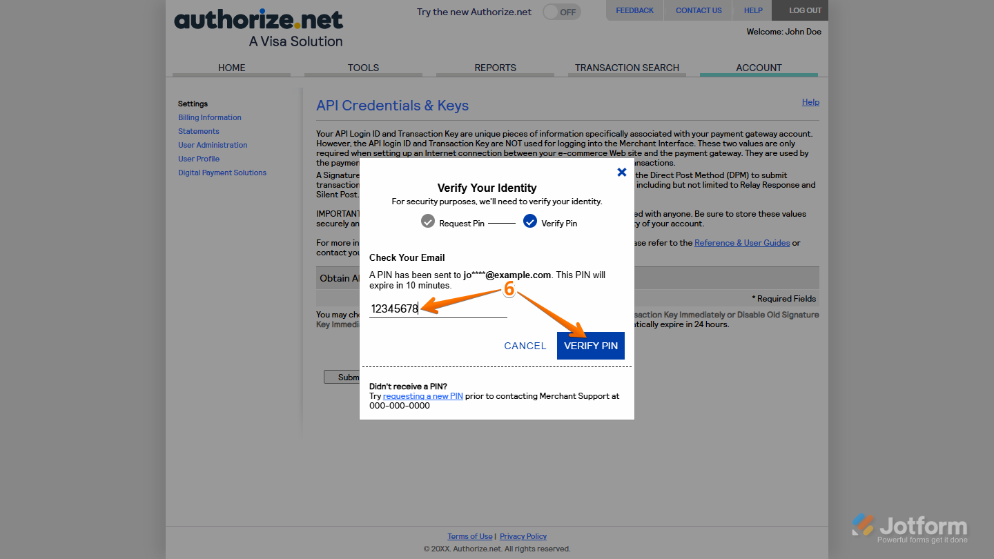 Verify PIN button in the Verify Your Identity window in Authorize