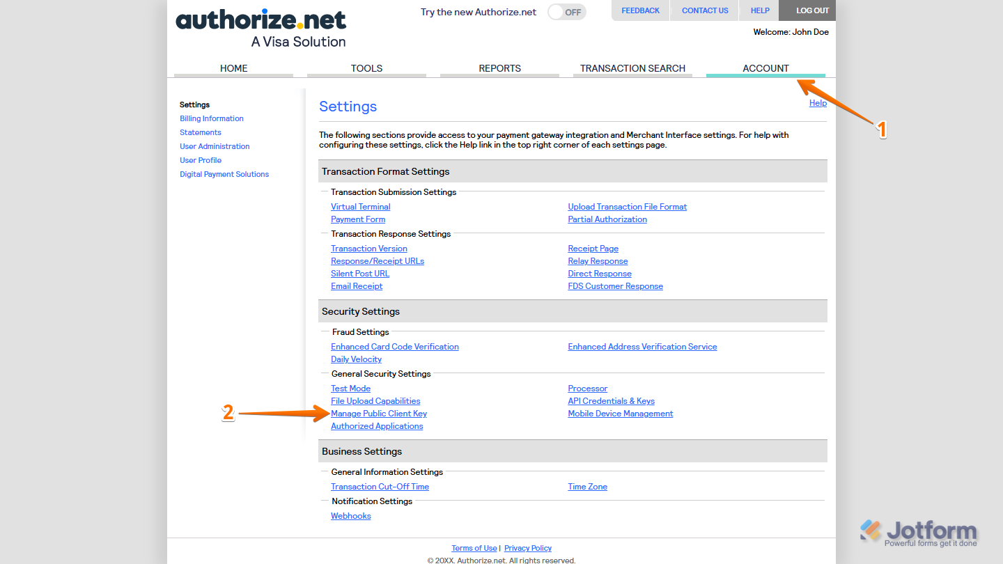 Manage Public Client Key link in the General Security Settings section in Security Settings of the Settings in Authorize