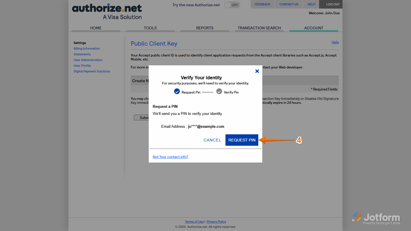 Request PIN button in the Verify Your Identity window in Authorize