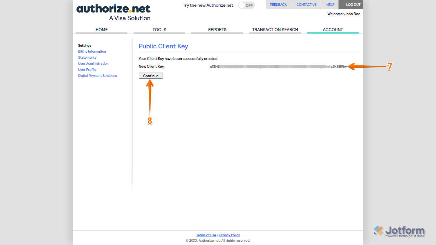 Continue button in the Public Client Key section in Authorize