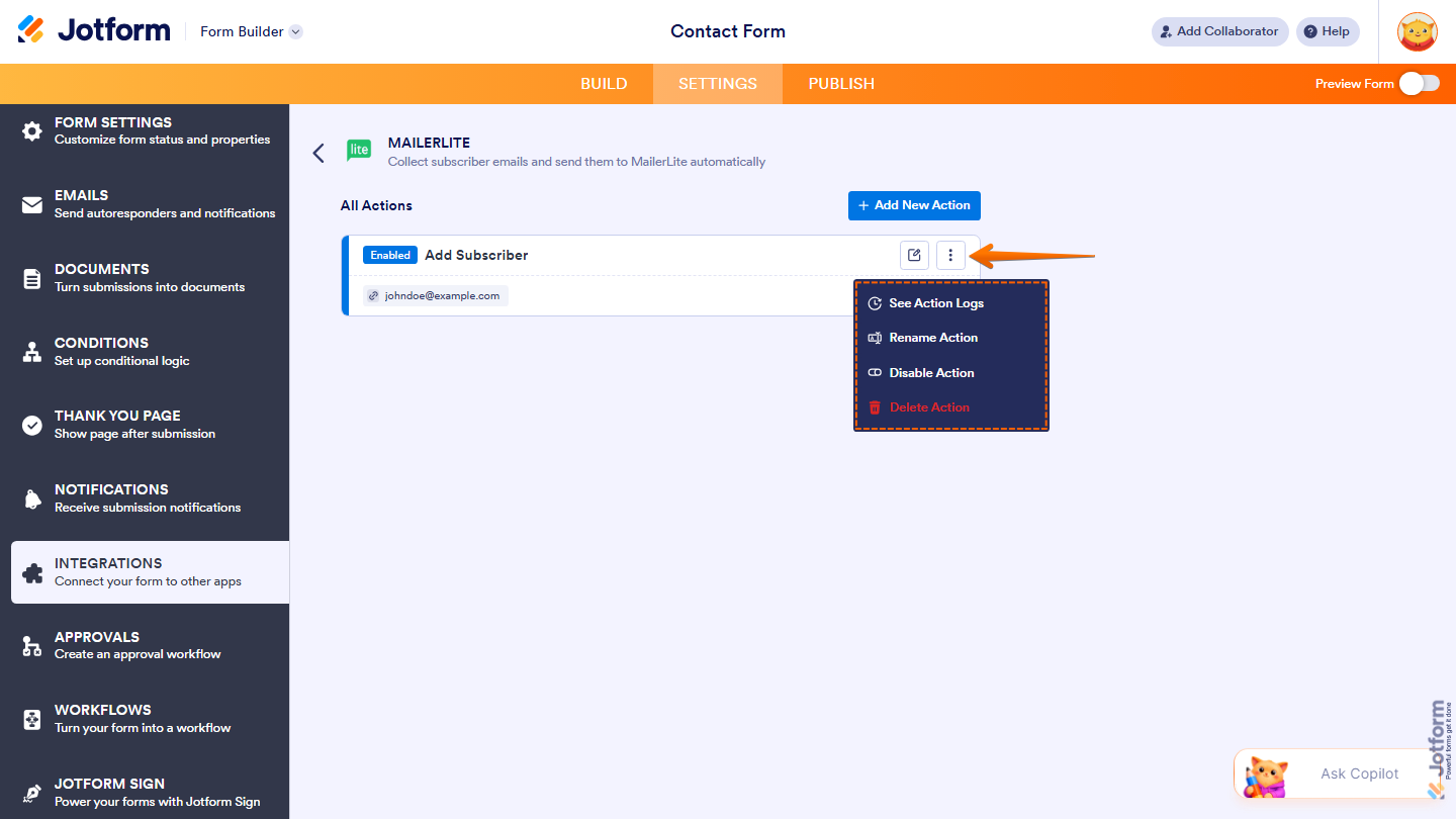 Integration actions page showing Pencil icon Three Dots menu and action management options in Jotform