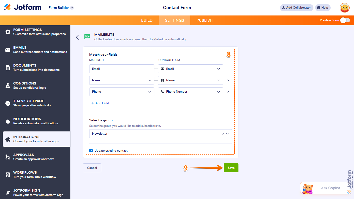 MailerLite integration settings showing field mapping group selection update contact option and Save button in Jotform