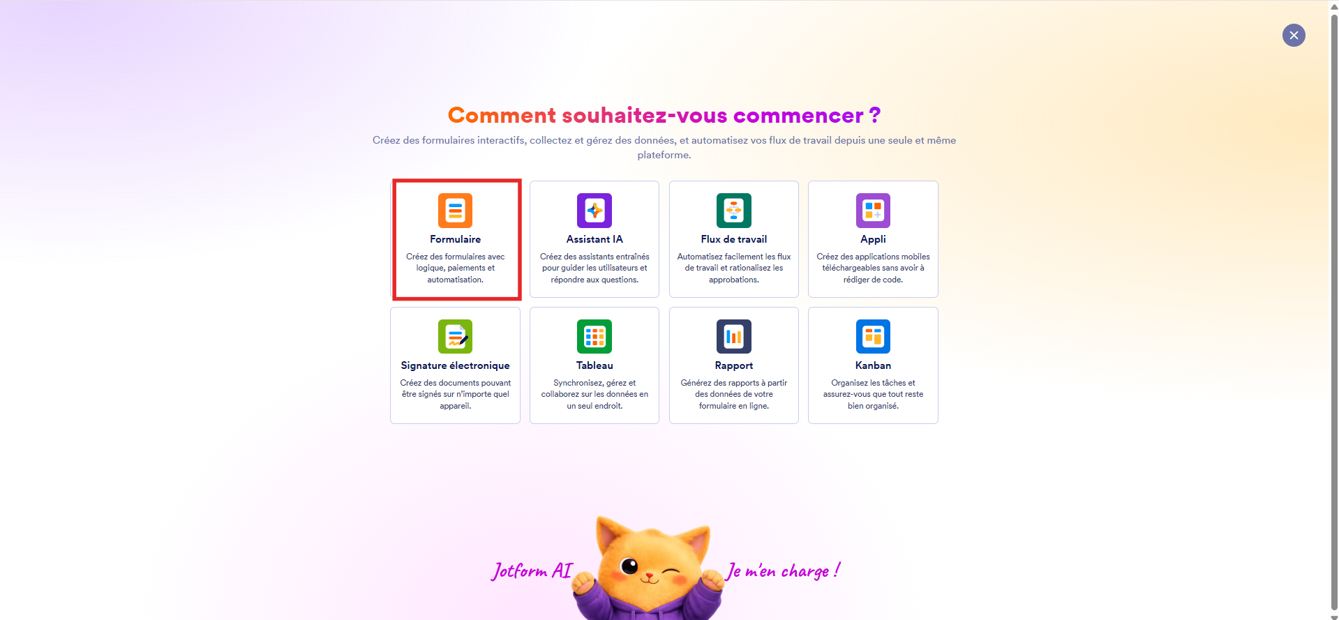 Capture d'écran de la page Comment souhaitez-vous commencer ? sur l'interface Jotform avec un encadré autour de Formulaire