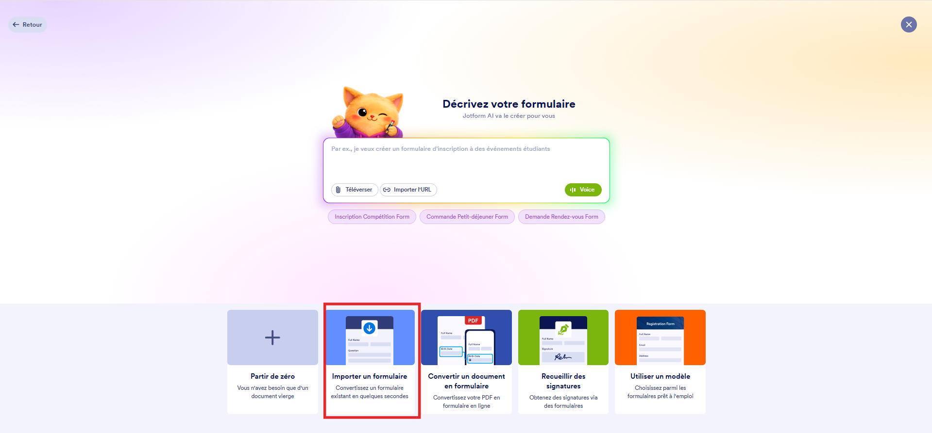 Capture d'écran de la page Décrivez votre formulaire sur l'interface Jotform avec un encadré autour de Importer un formulaire