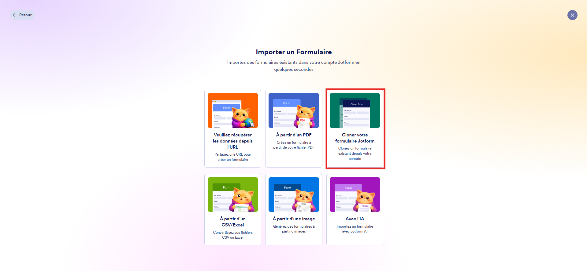 Capture d'écran de la page Importer un formulaire sur l'interface Jotform avec un encadré autour de Cloner votre formulaire Jotform