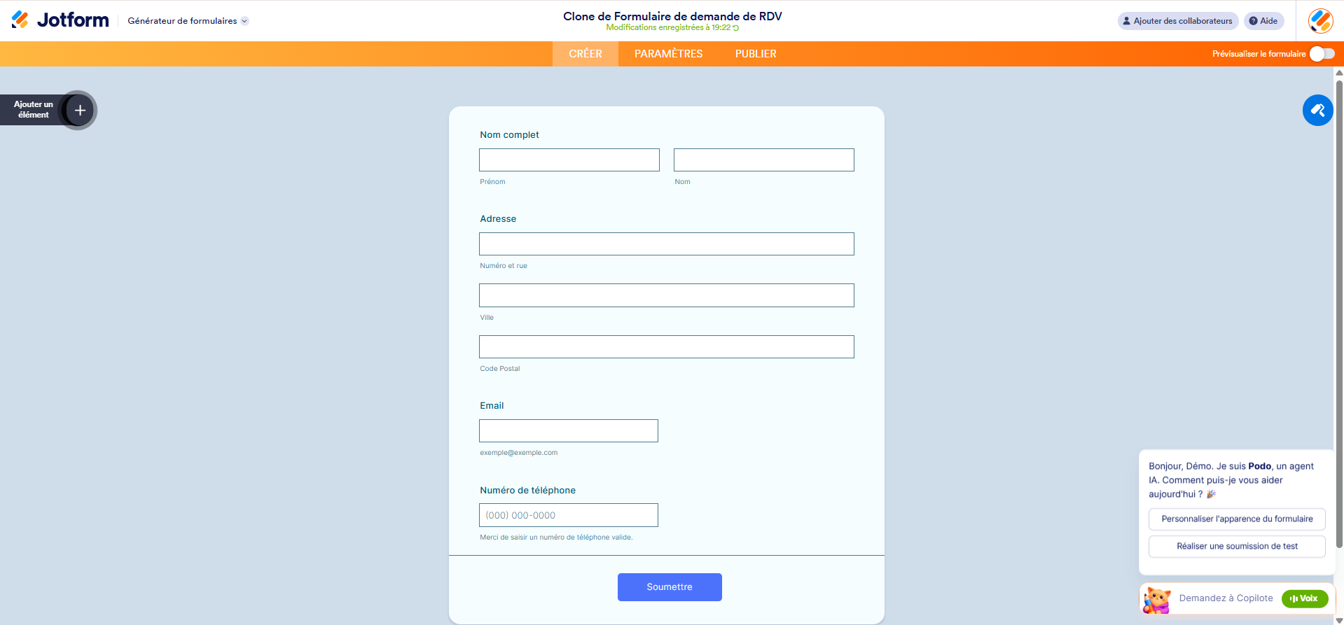 Capture d'écran du formulaire cloné dans le Générateur de formulaires Jotform