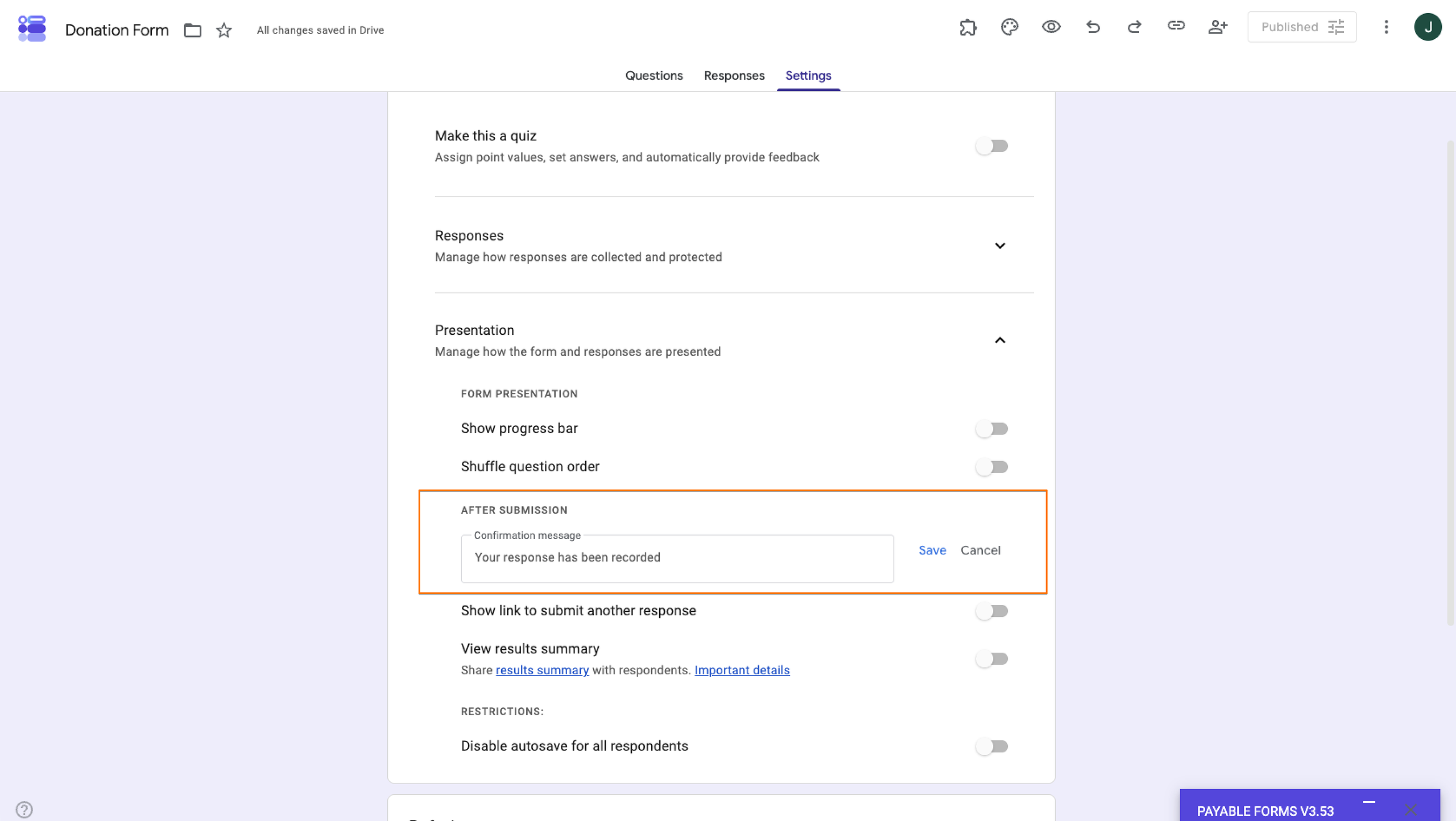 Google Forms interface showing the option to add a confirmation message after form submission