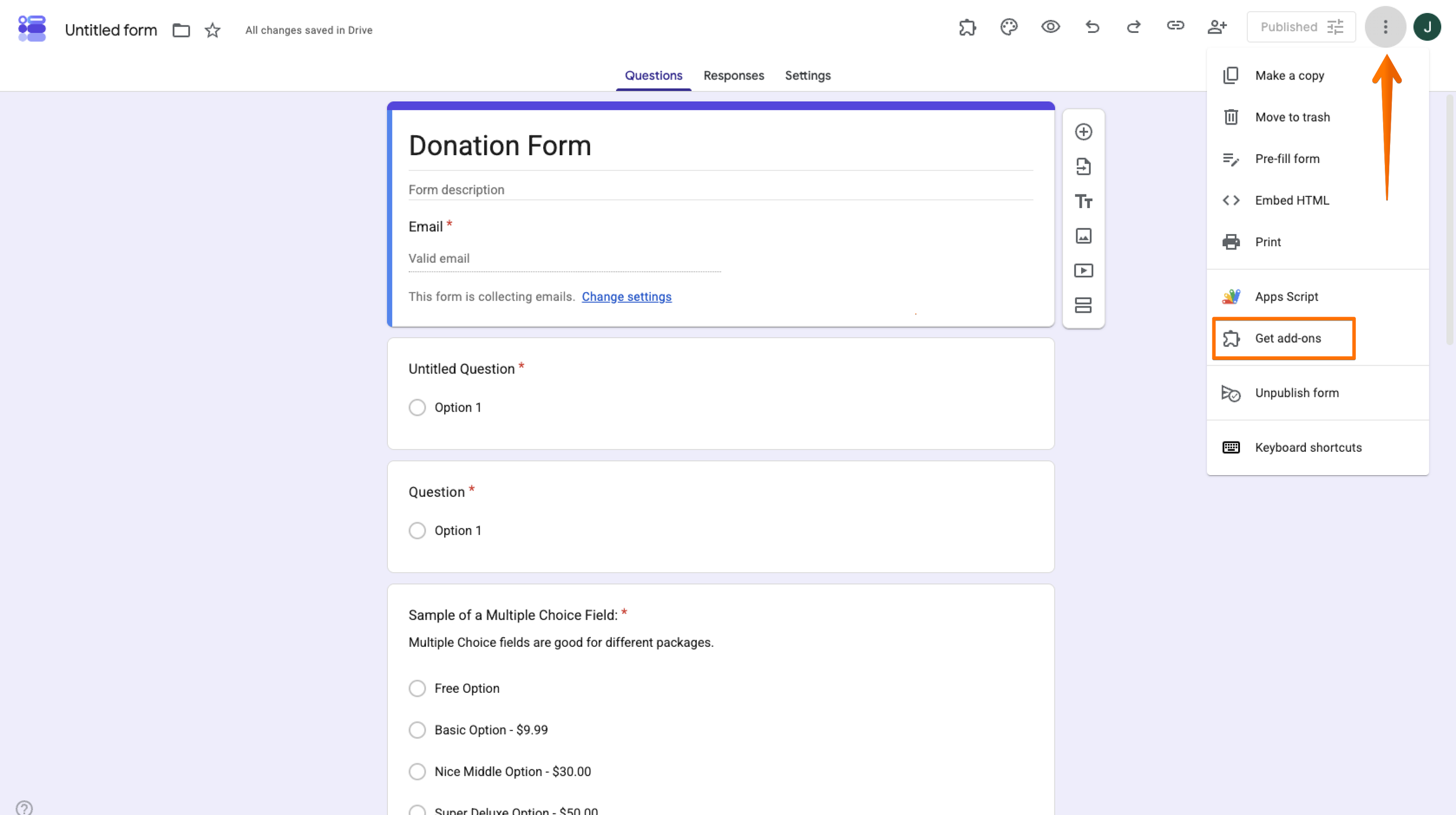 Google Forms interface with an arrow pointing to the "More options" (three vertical dots) icon, with the "Get add-ons" option in the dropdown menu highlighted