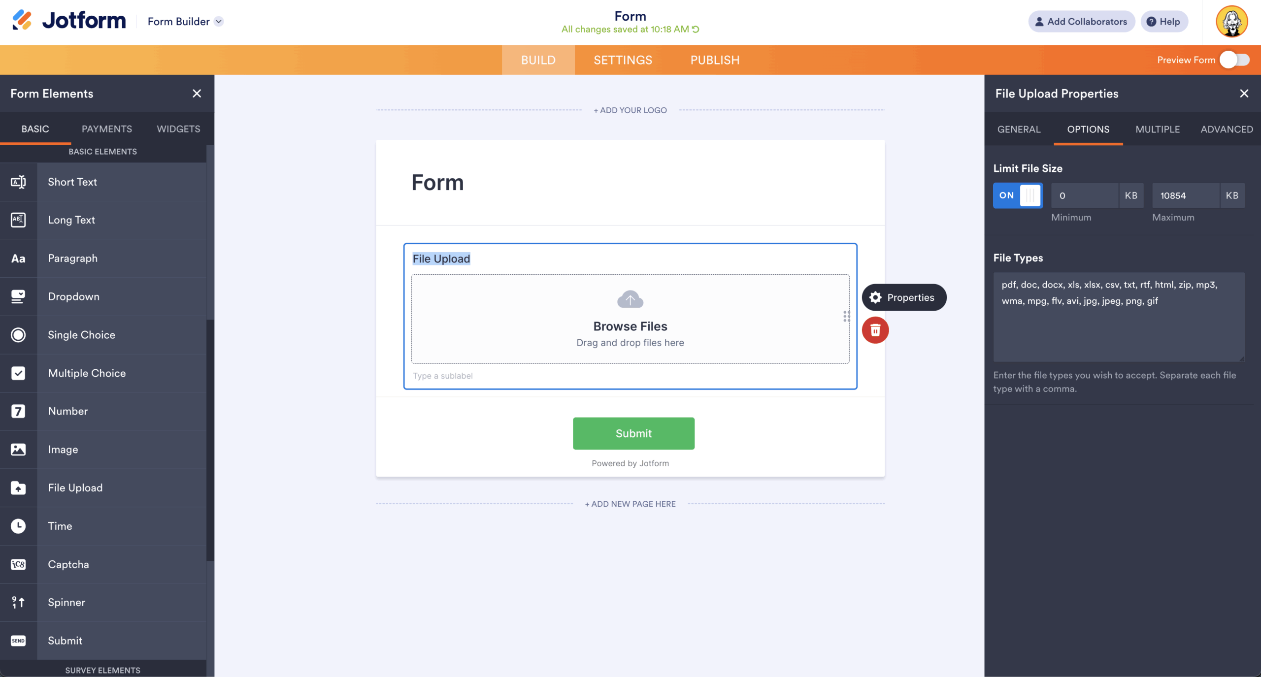 Jotform Form Builder File Upload Properties Menu