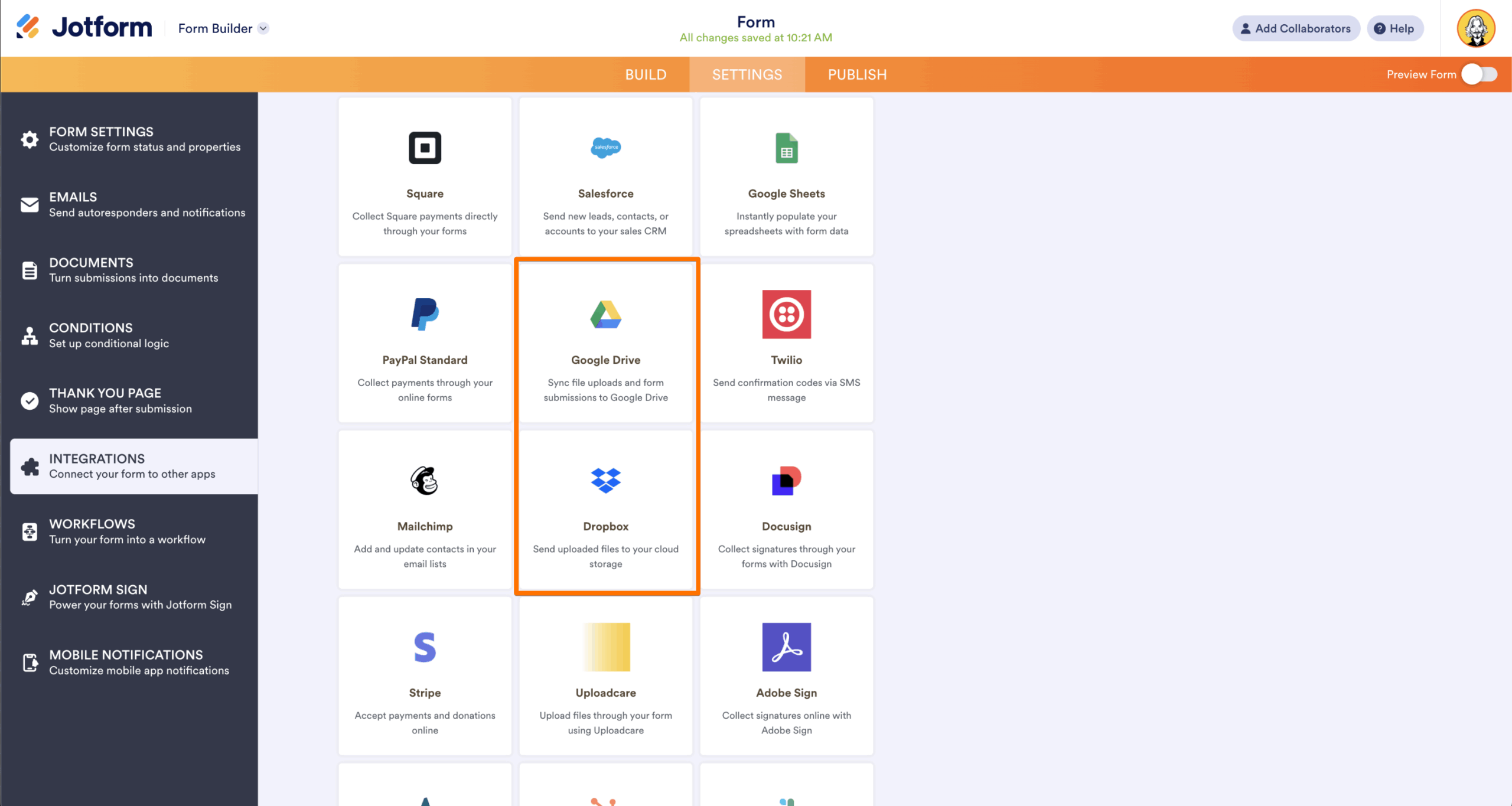 Jotform Form Builder Settings Page Integrations Menu