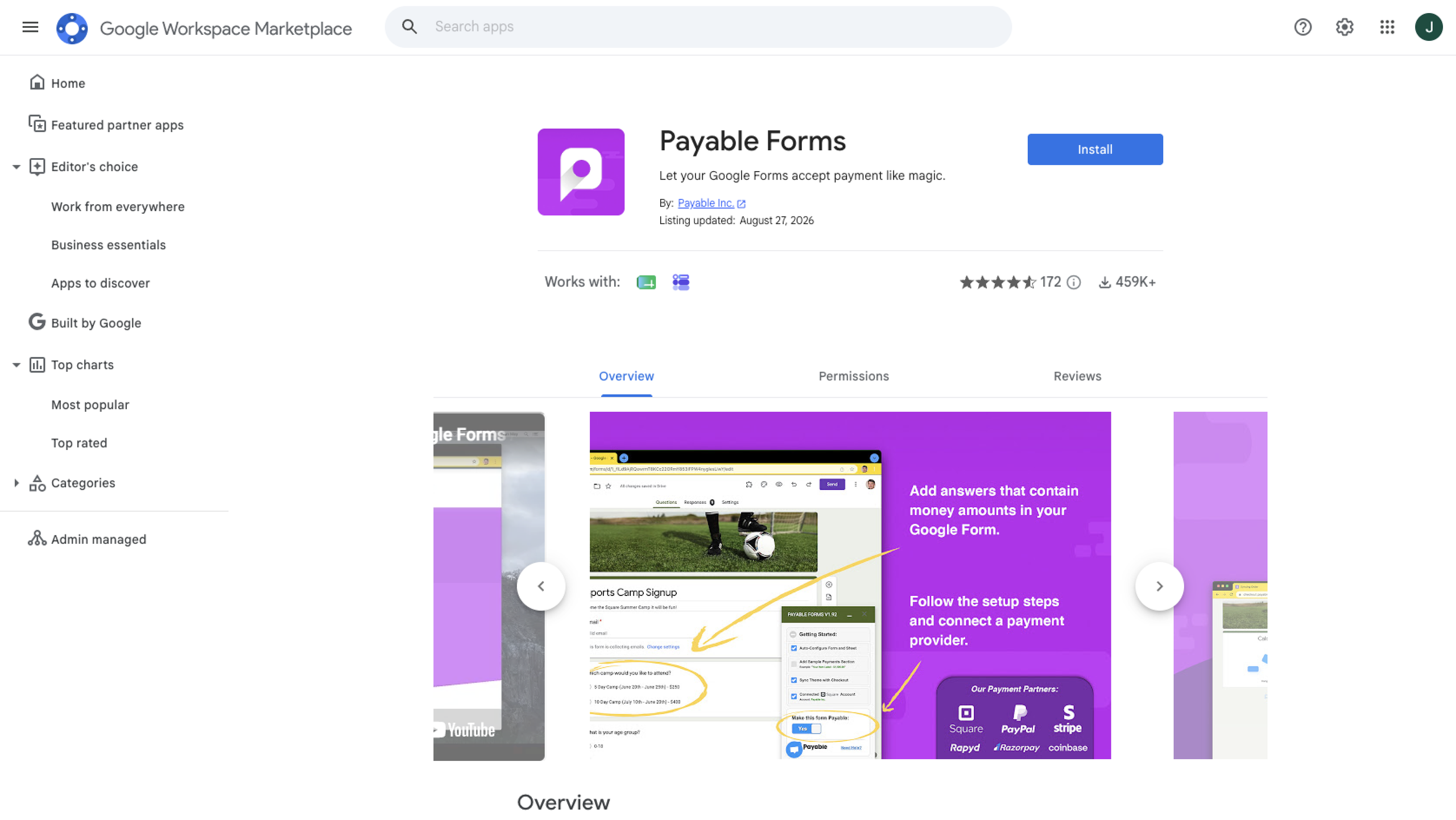 Google Workspace Marketplace showing the Payable Forms add-on listing