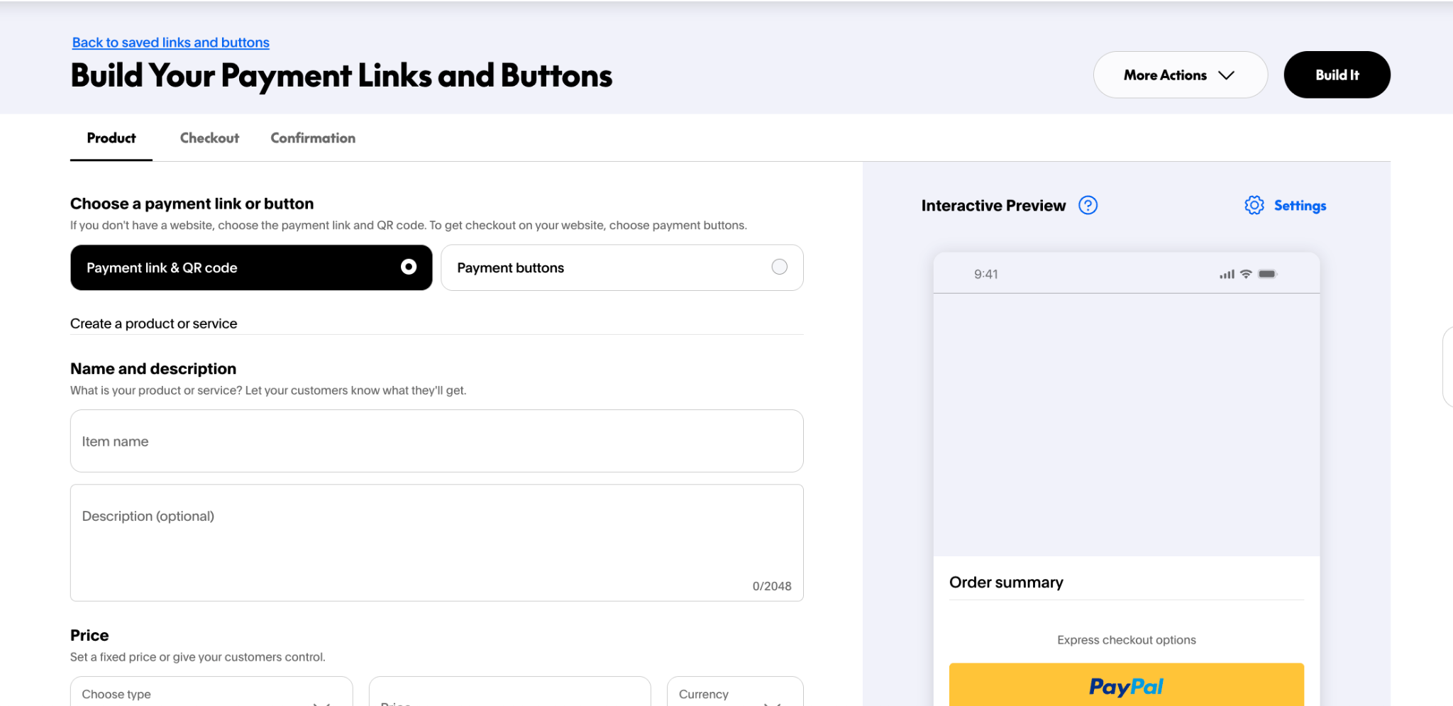 PayPal's "Build Your Payment Links and Buttons" web page