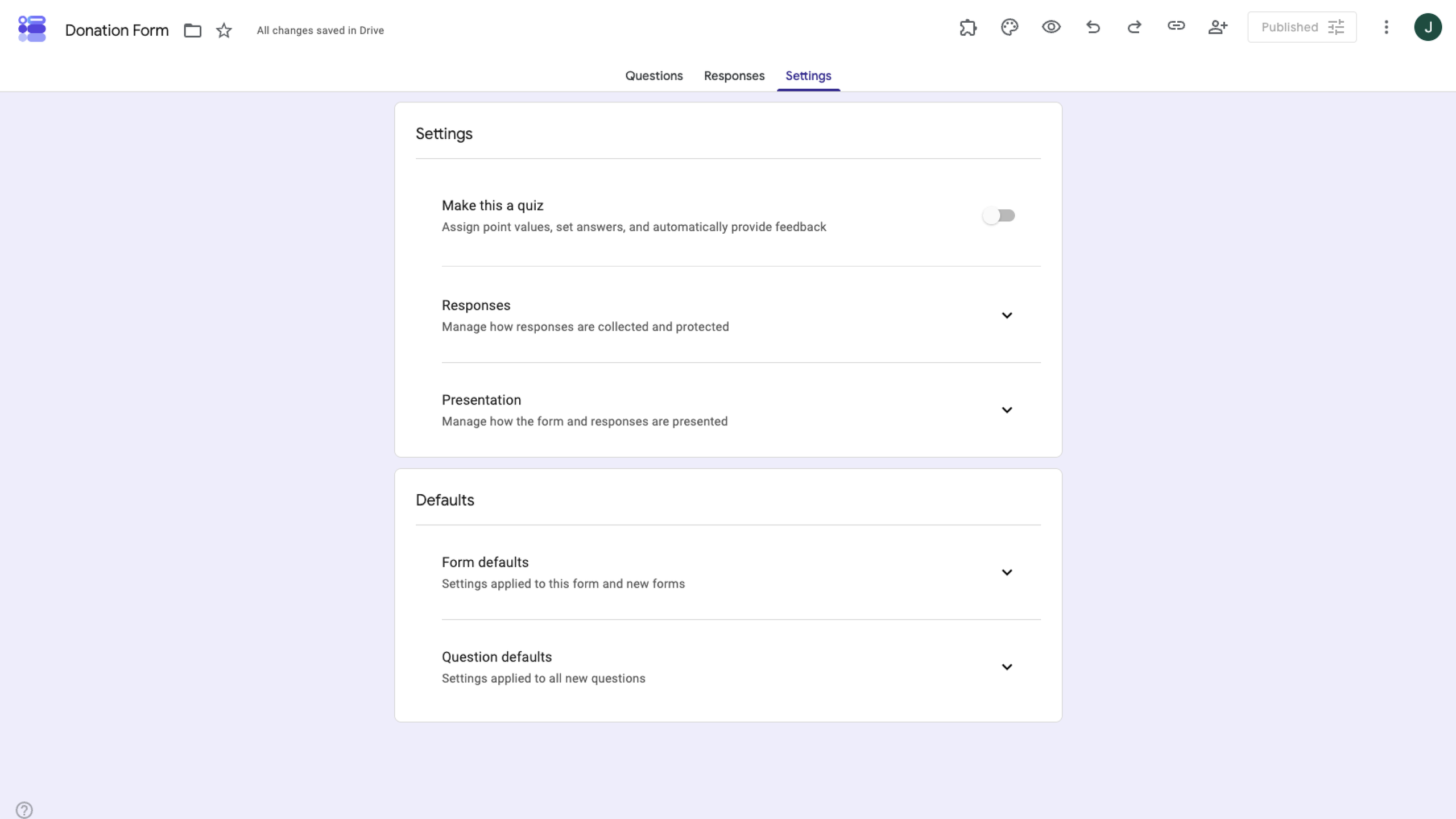Google Forms interface showing the Settings tab