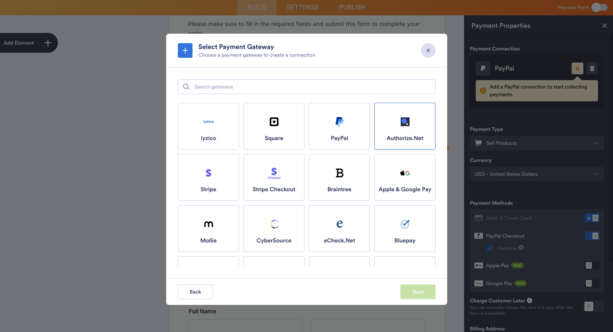 Jotform Payment Field Properties "Select Payment Gateway" Menu