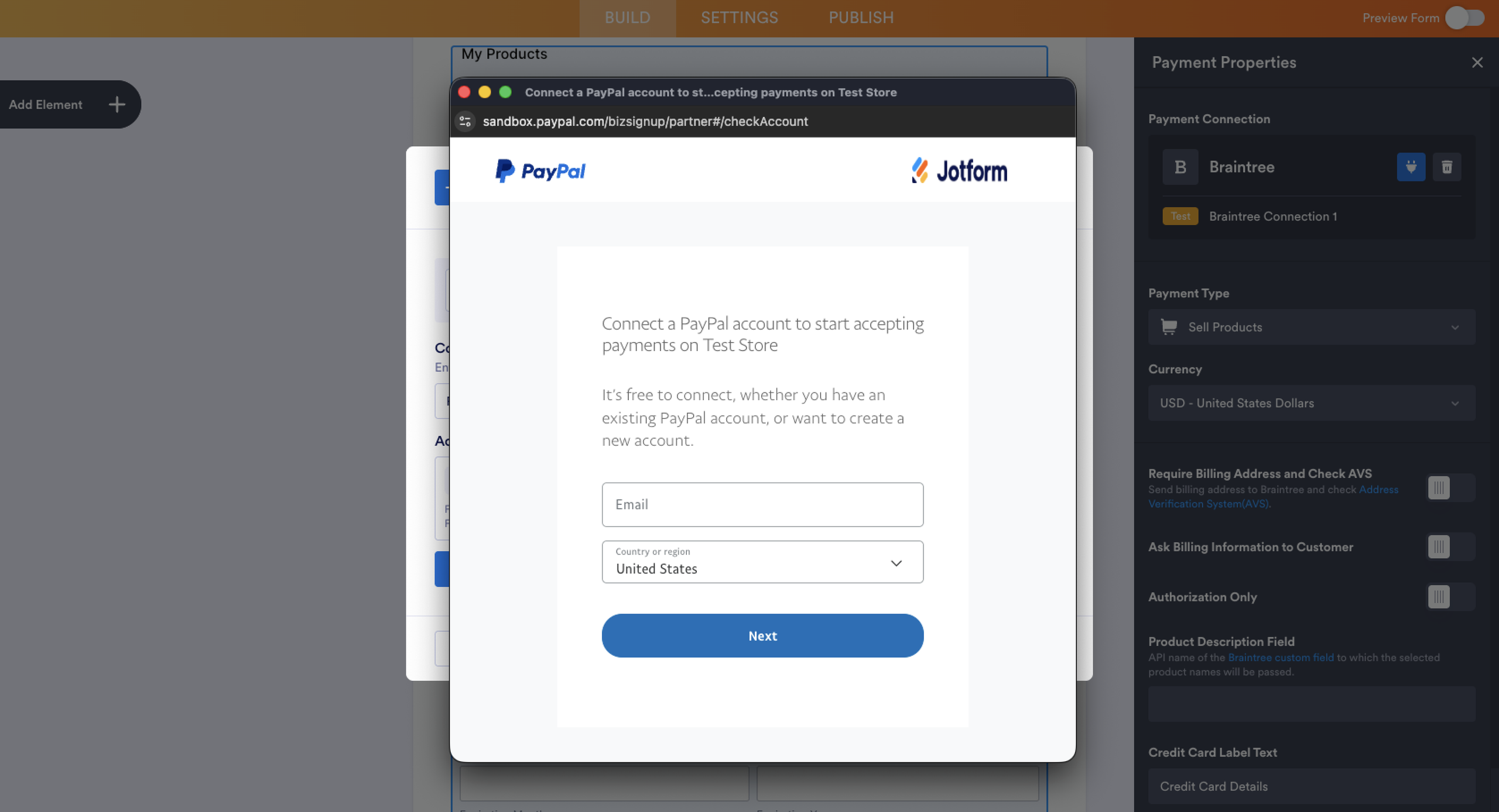 Jotform Payment Gateway Selection PayPal Connection Log-in Pop-up Page