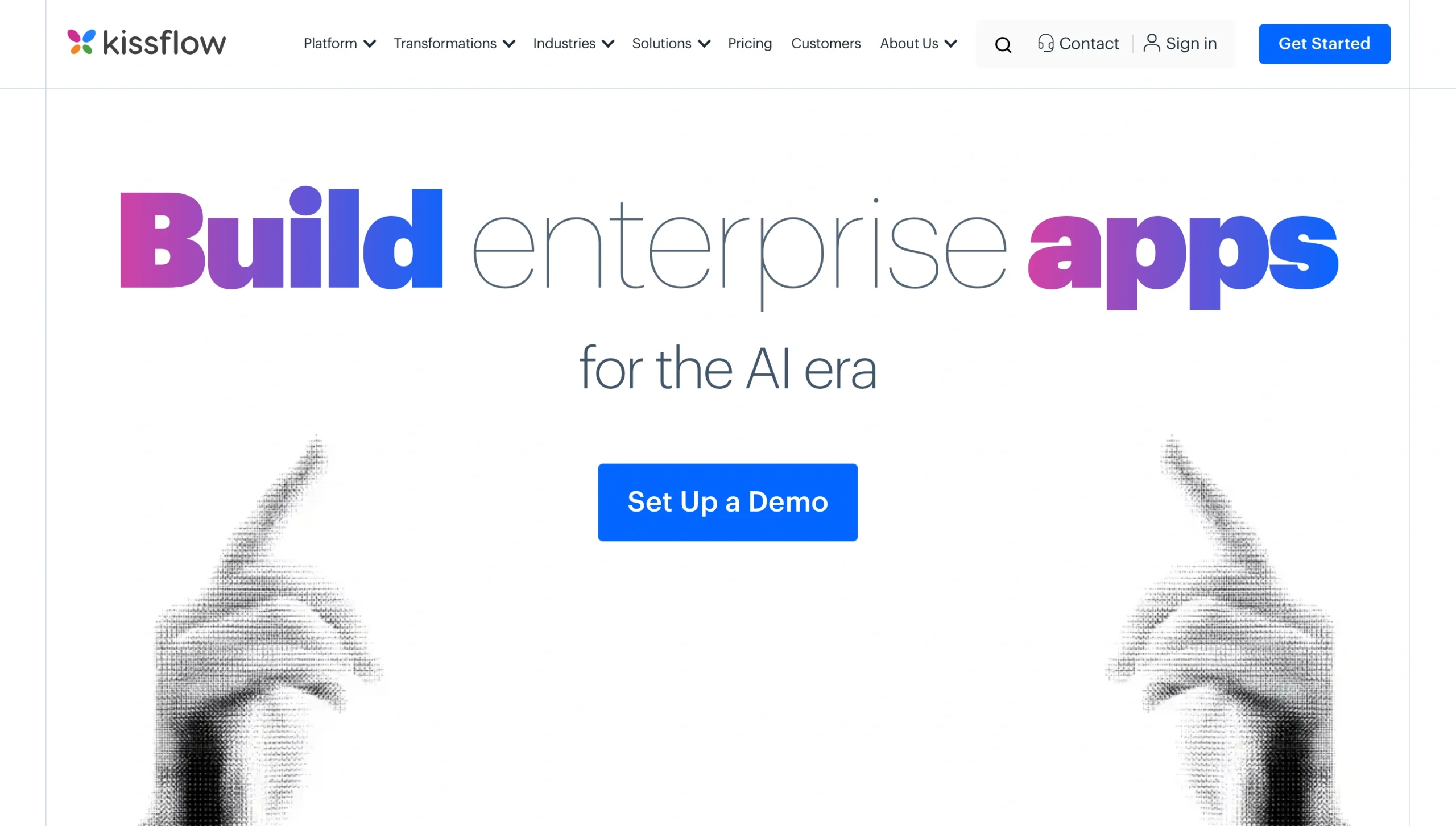 Screenshot of the Kissflow landing page, showing a headline "Build enterprise apps"