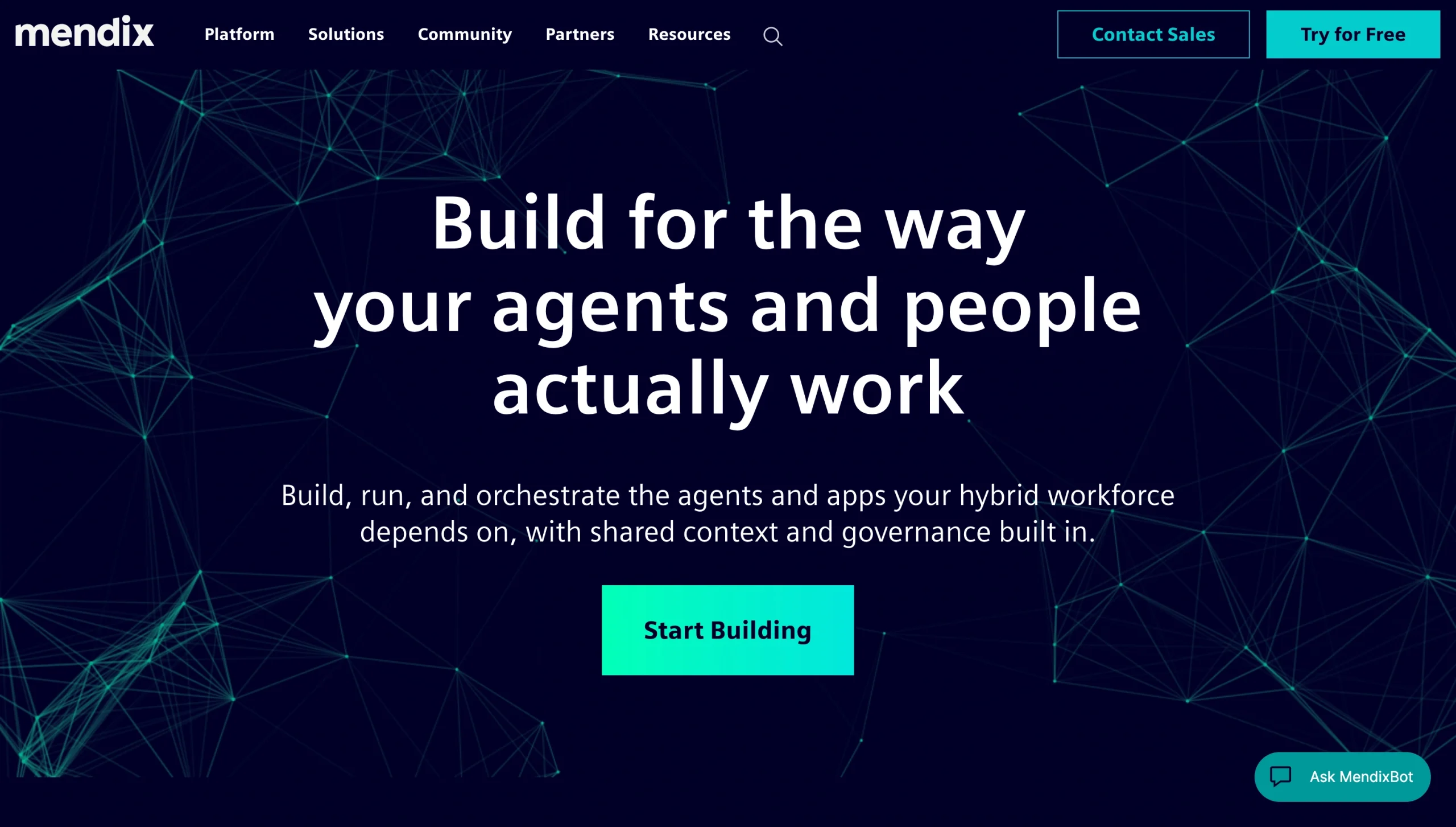 Screenshot of the Mendix landing page, showing a headline "Build for the way your agents and people actually work"