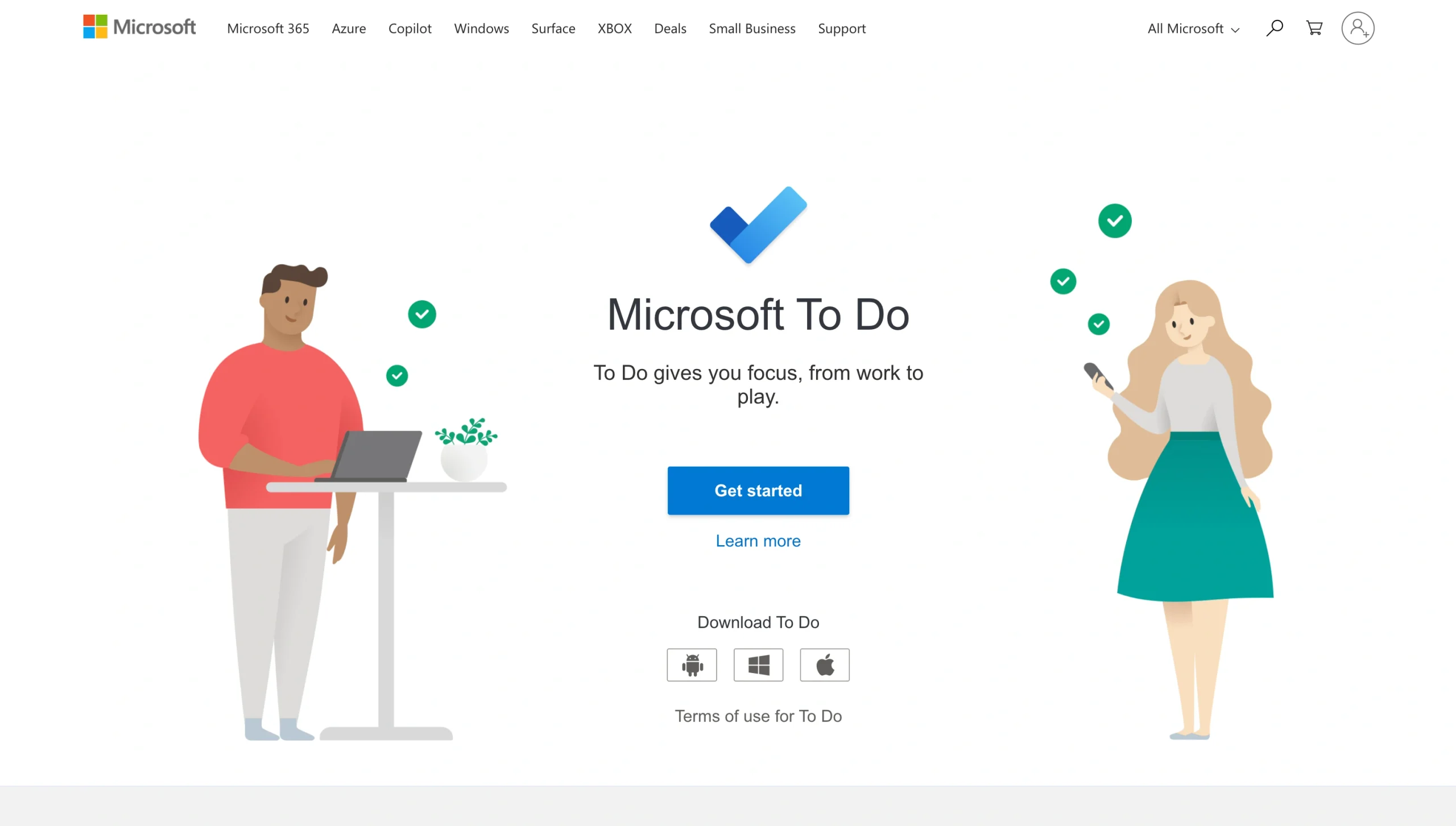 Screenshot of the Microsoft To Do landing page