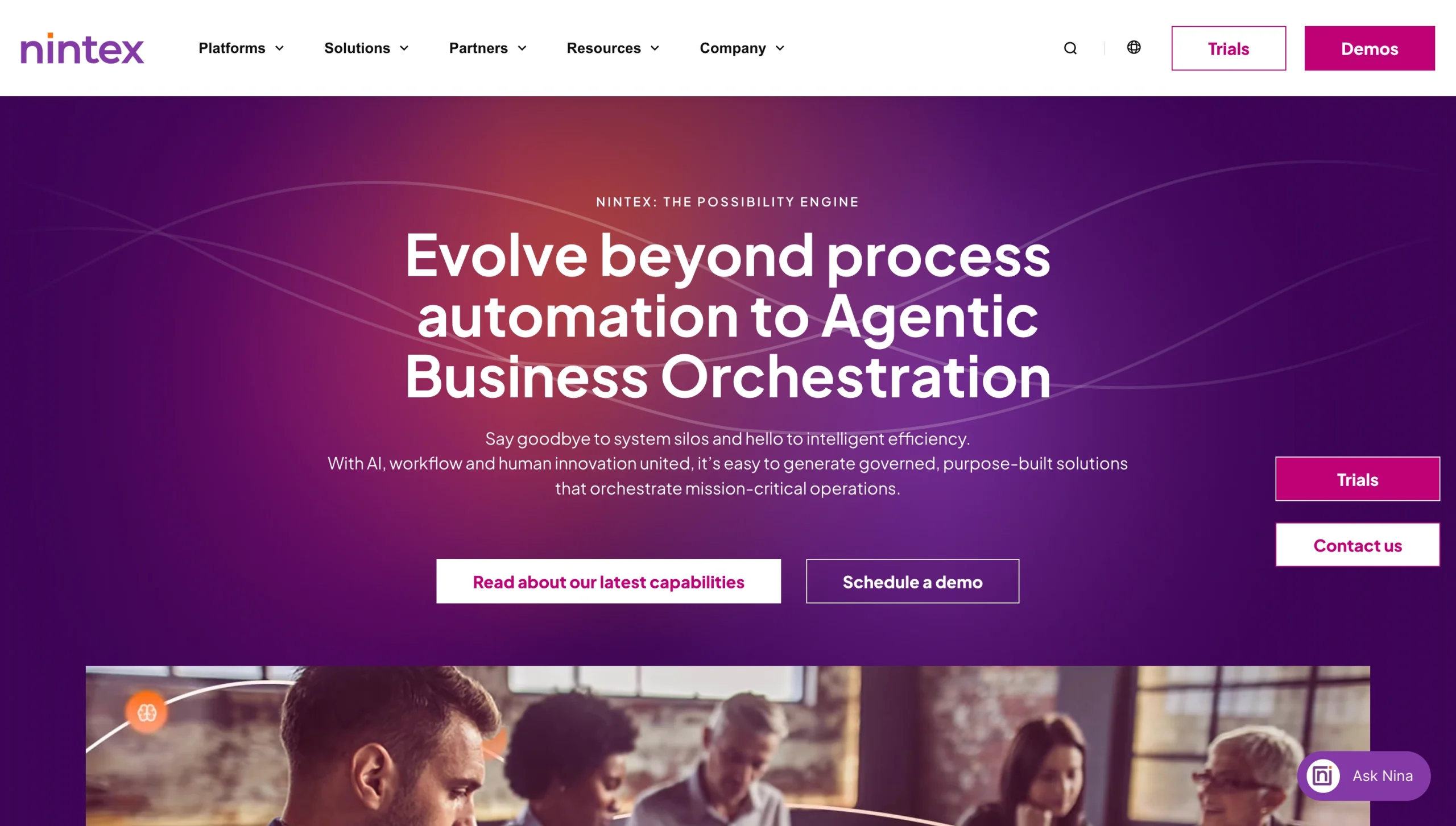 Screenshot of the Nintex landing page, showing a headline "Evolve beyond process automation to Agentic Business Orchestration"