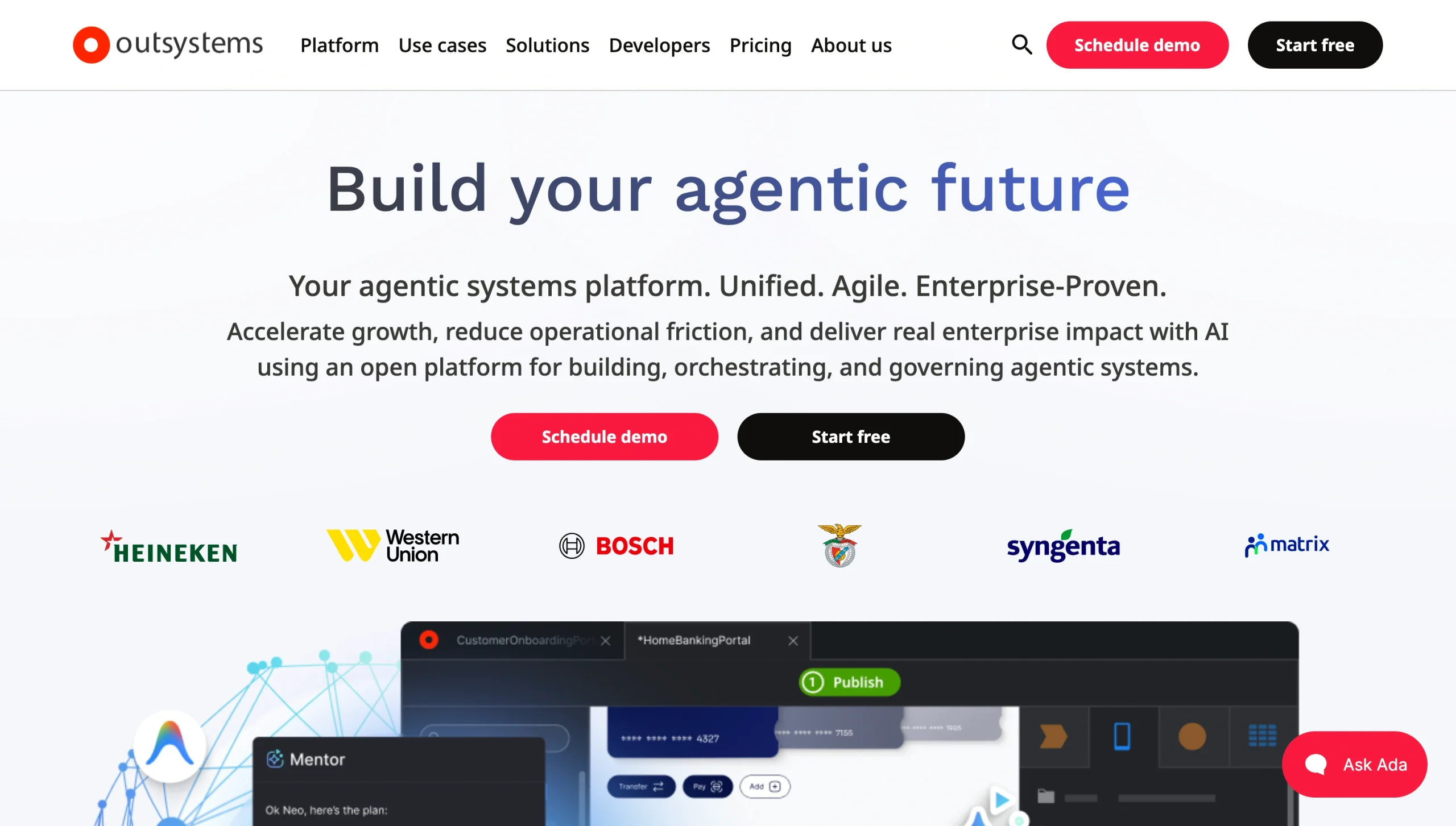 Screenshot of the Outsystems landing page, showing a headline "Build your agentic future"