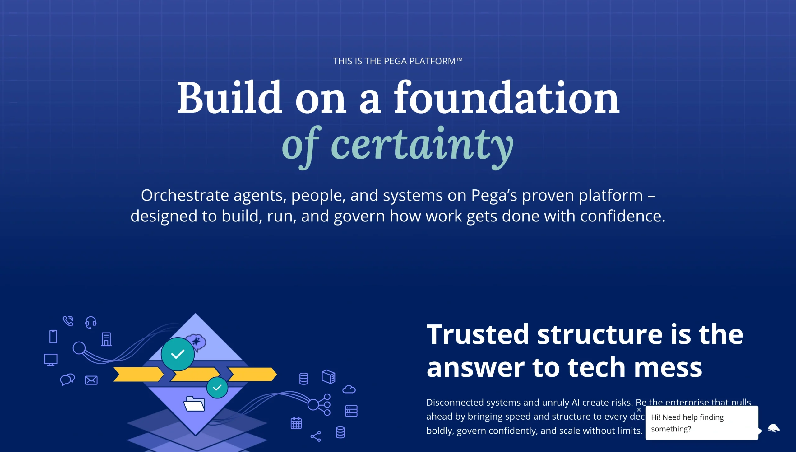 Screenshot of the Pega Platform landing page, showing a headline "Build on a foundation of certainty"