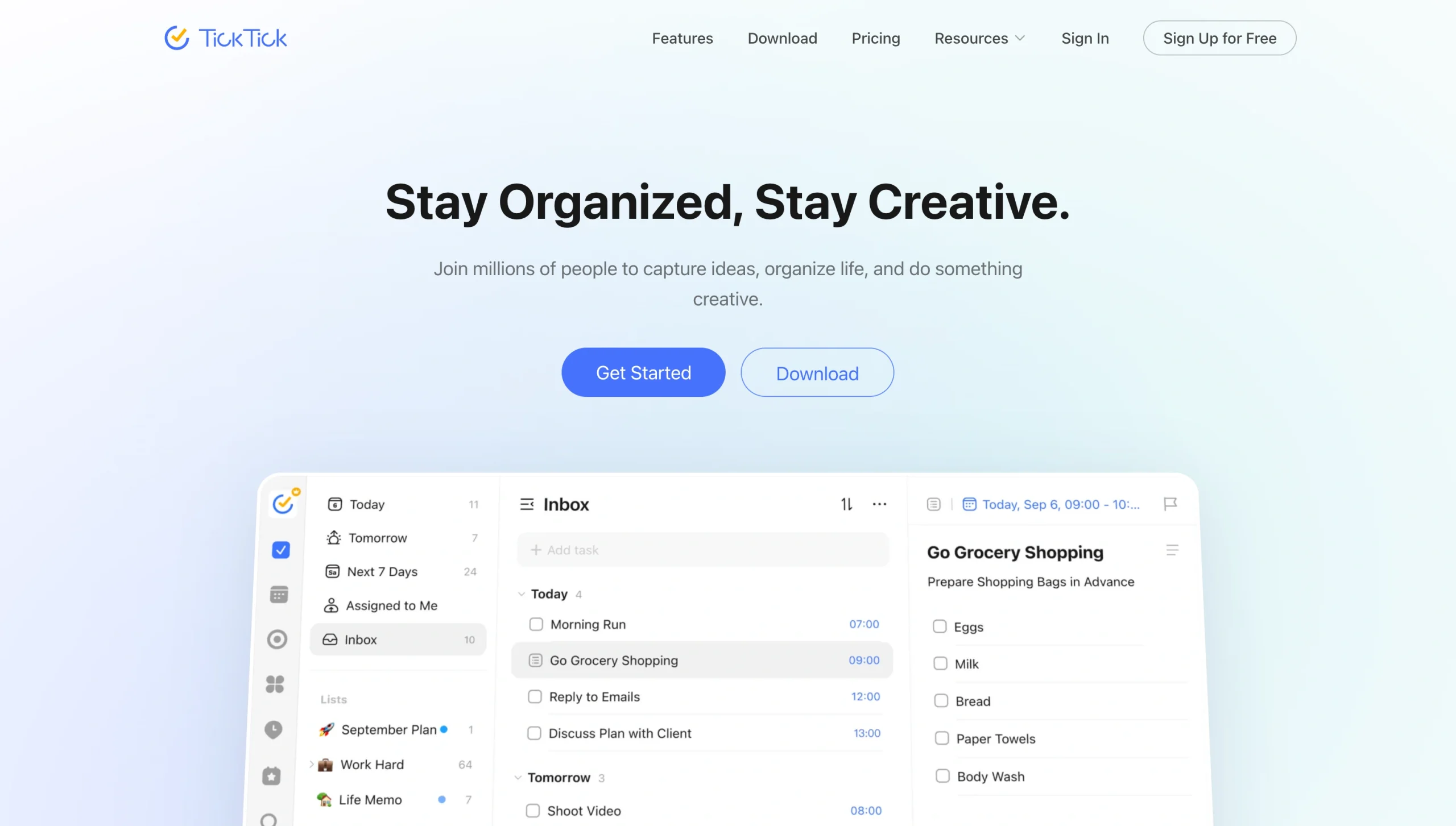 Screenshot of the TickTick landing page, showing a headline "Stay Organized, Stay Creative