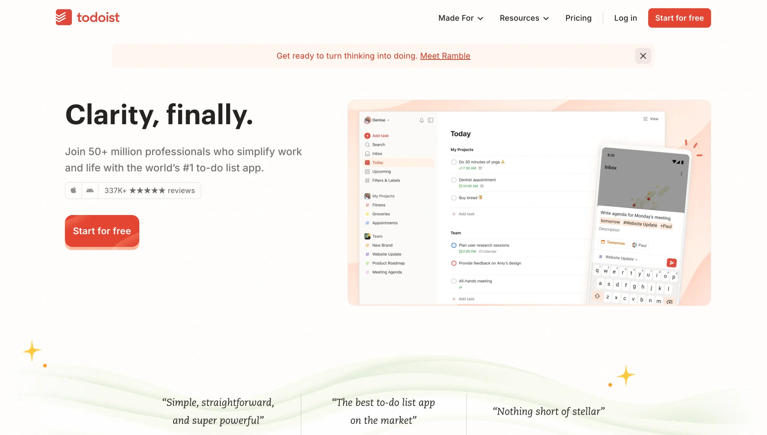 Screenshot of the Todoist landing page, showing a headline "Clarity, finally