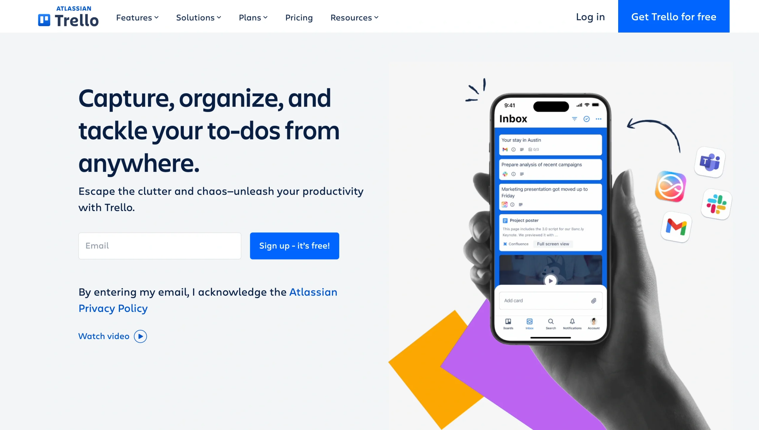 Screenshot of the Trello landing page, showing a headline "Capture, organize, and tackle your to-dos from anywhere