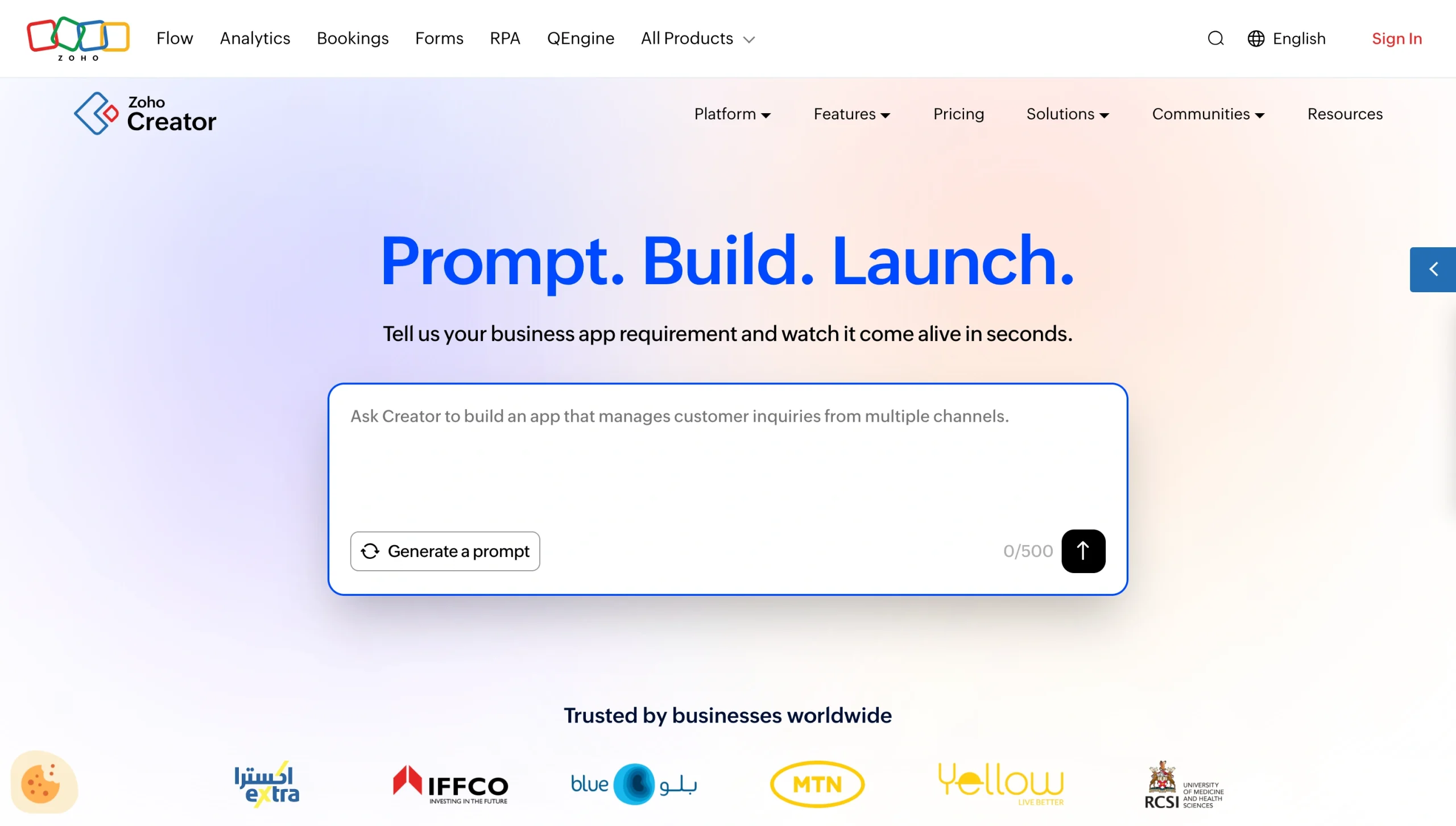 Screenshot of the Zoho Creator landing page, showing a headline "Prompt