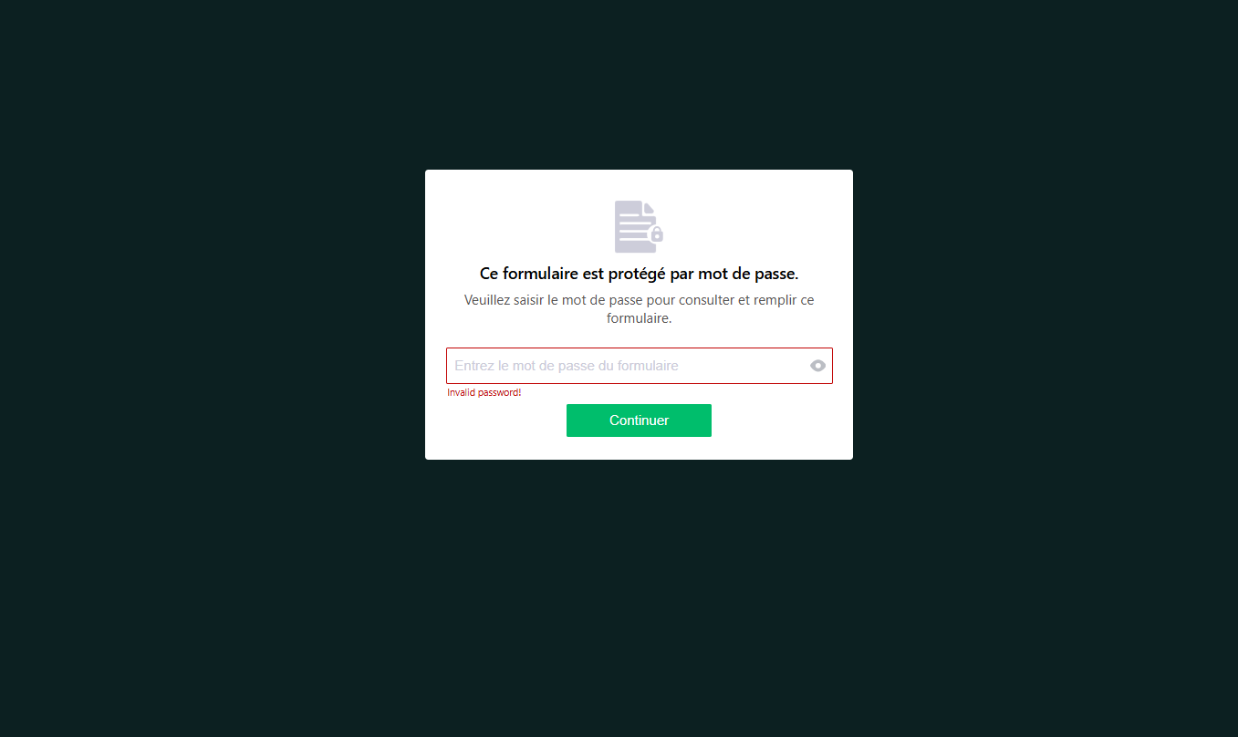 Capture d'écran du message d'erreur de mot de passe d'un formulaire protégé par mot de passe dans Jotform