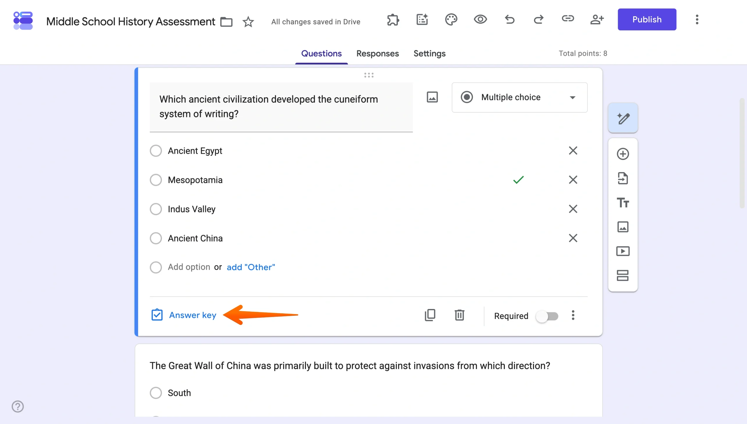 Google Forms question editor with the Answer key option highlighted