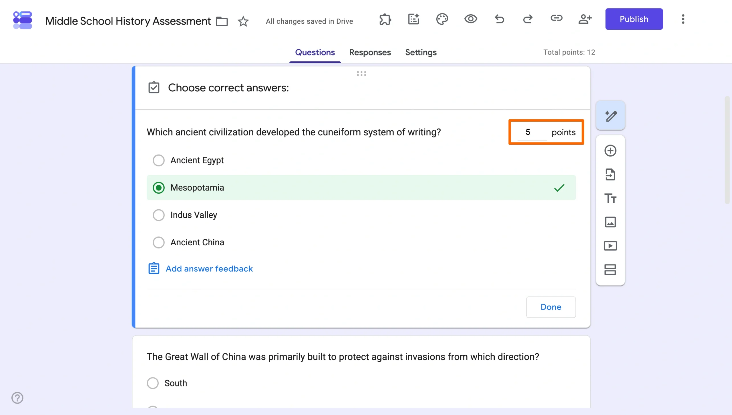 Google Forms answer key showing a correct answer and points field