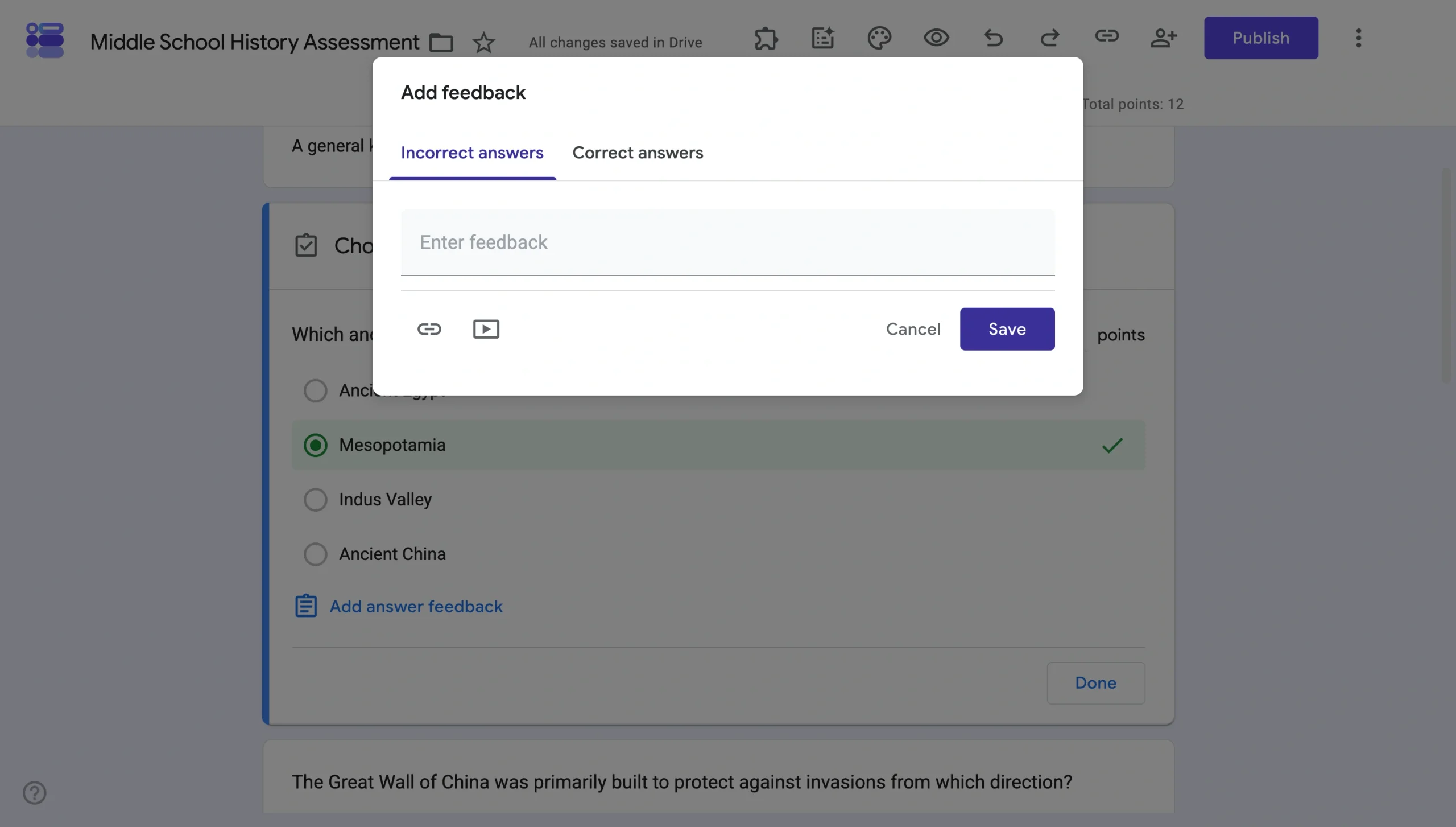 Google Forms Add feedback window for entering feedback on quiz answers