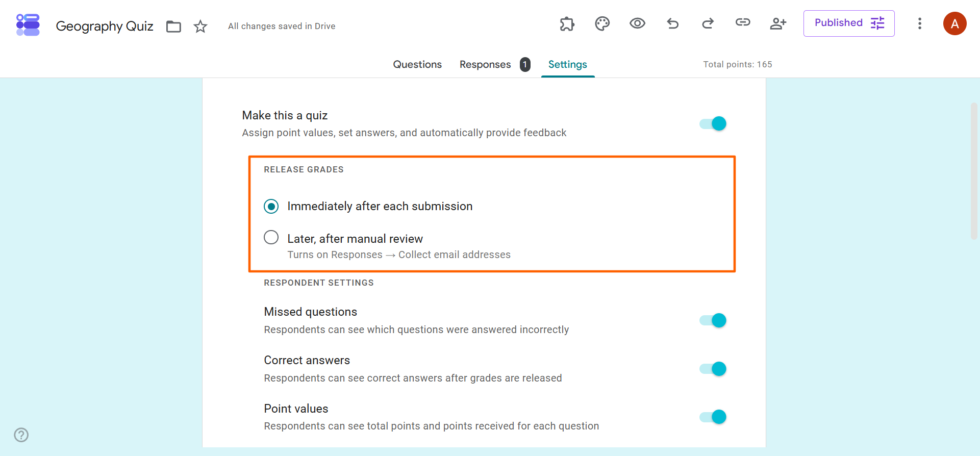 Google Forms Settings Menu "Release Grades" options "Immediately after each submission" checkbox