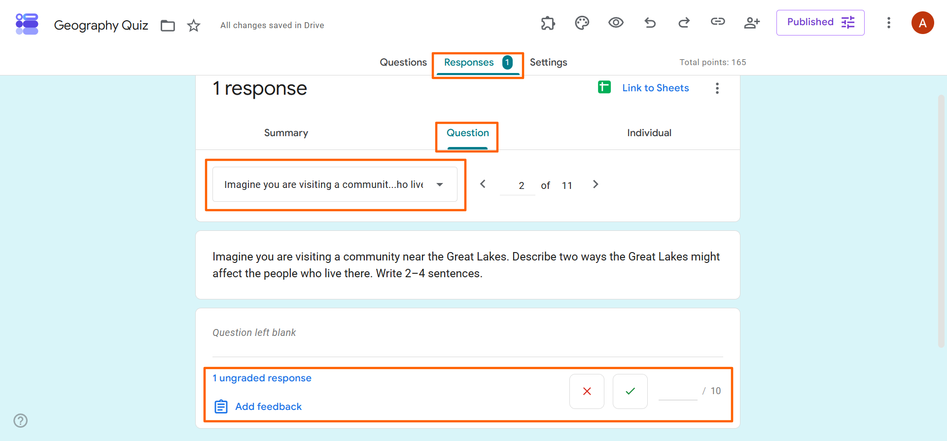 Google Forms Responses Menu Sorting by Question option Response Grading