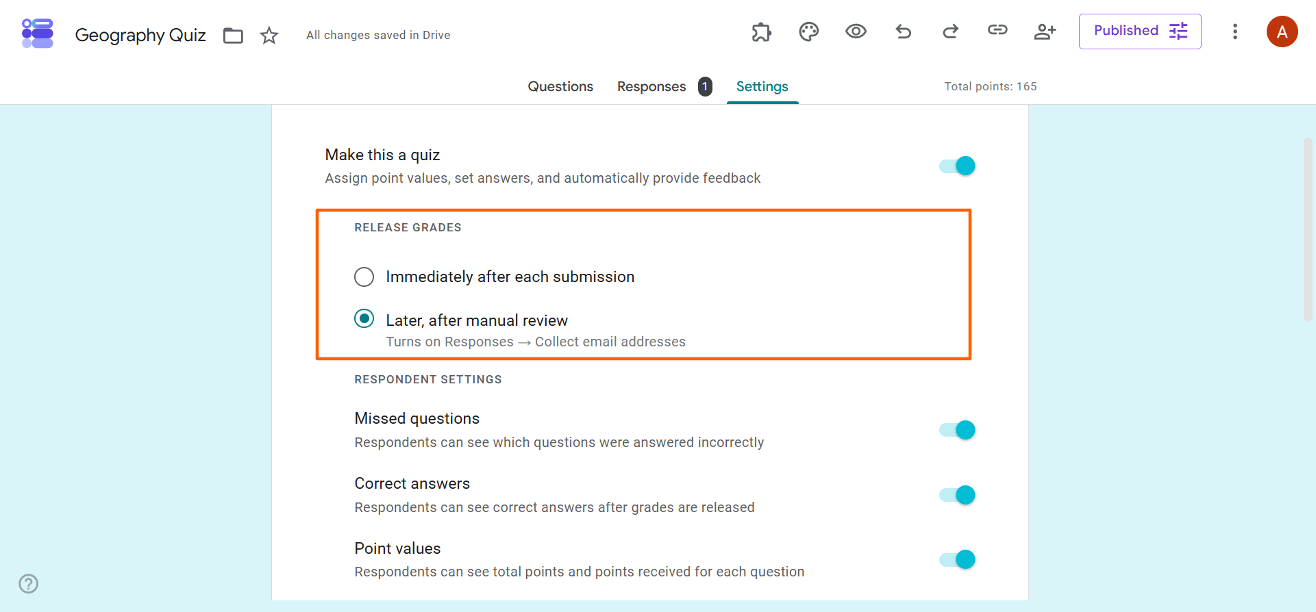 Google Forms Settings Menu "Release Grades" options "Later, after manual review" checkbox