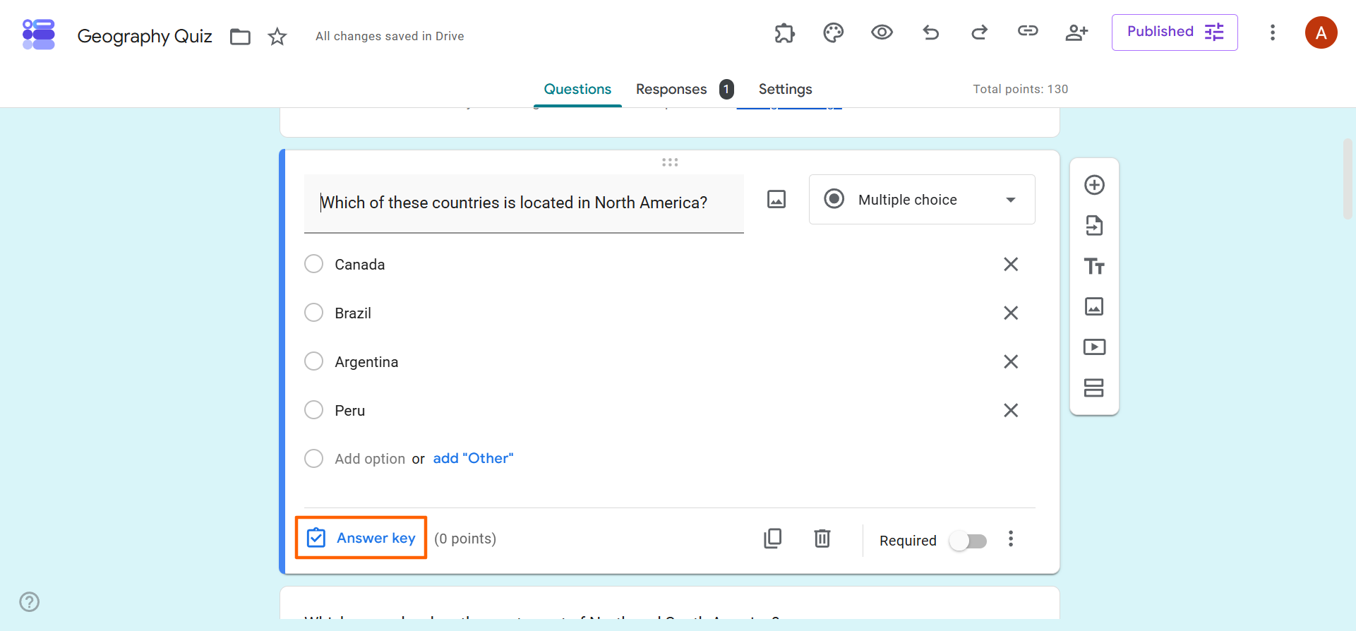 Google Forms Answer Key menu button under a question