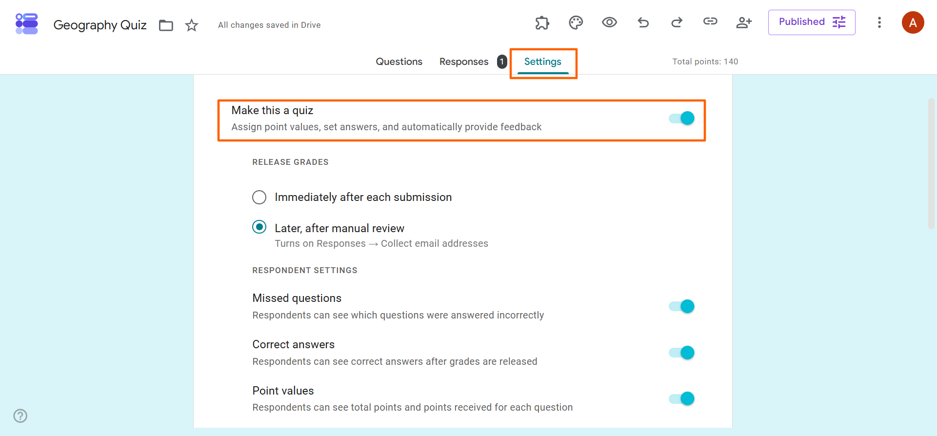 Google Forms Settings Menu "Make this a quiz" option