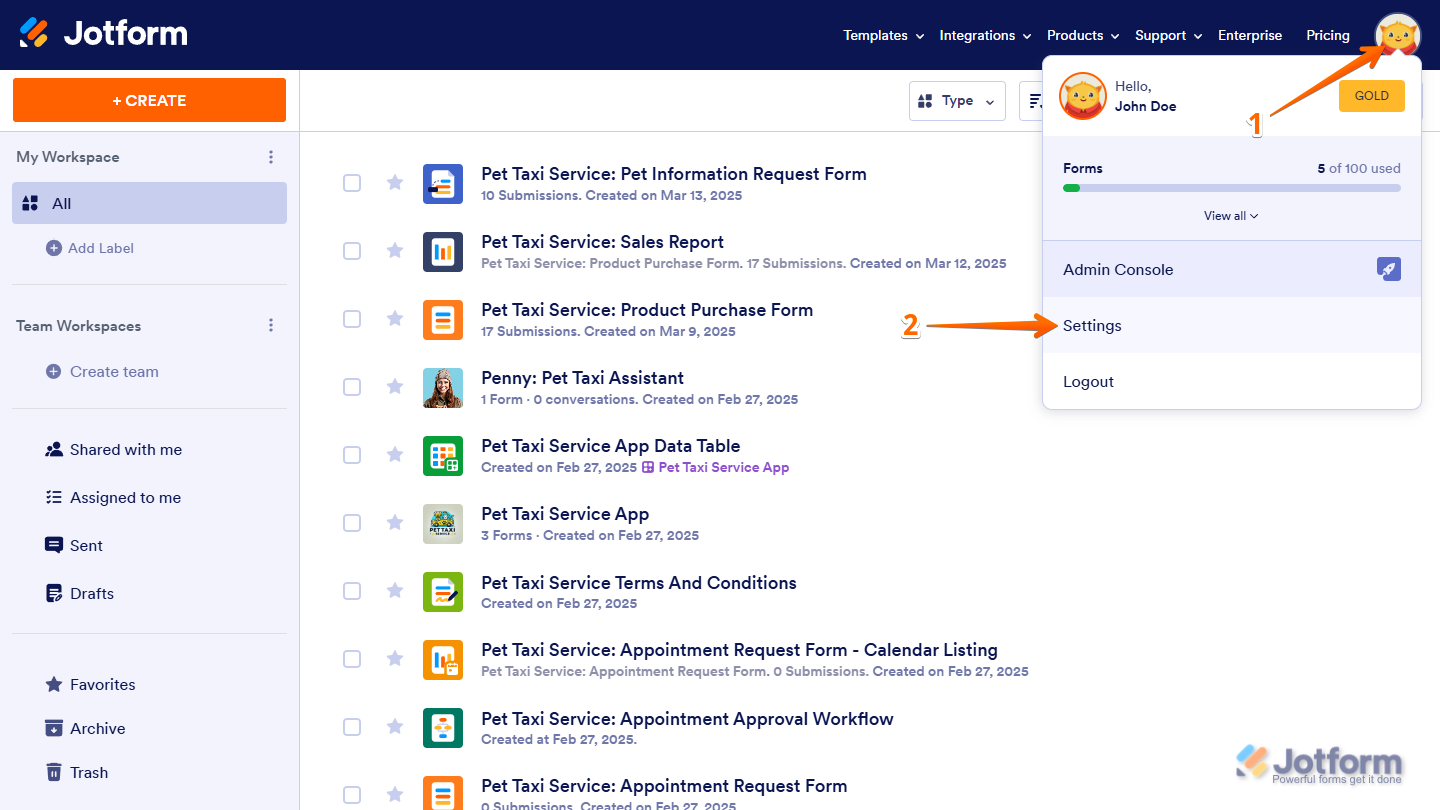 Settings option in the Avatar menu on Jotform My Workspace page