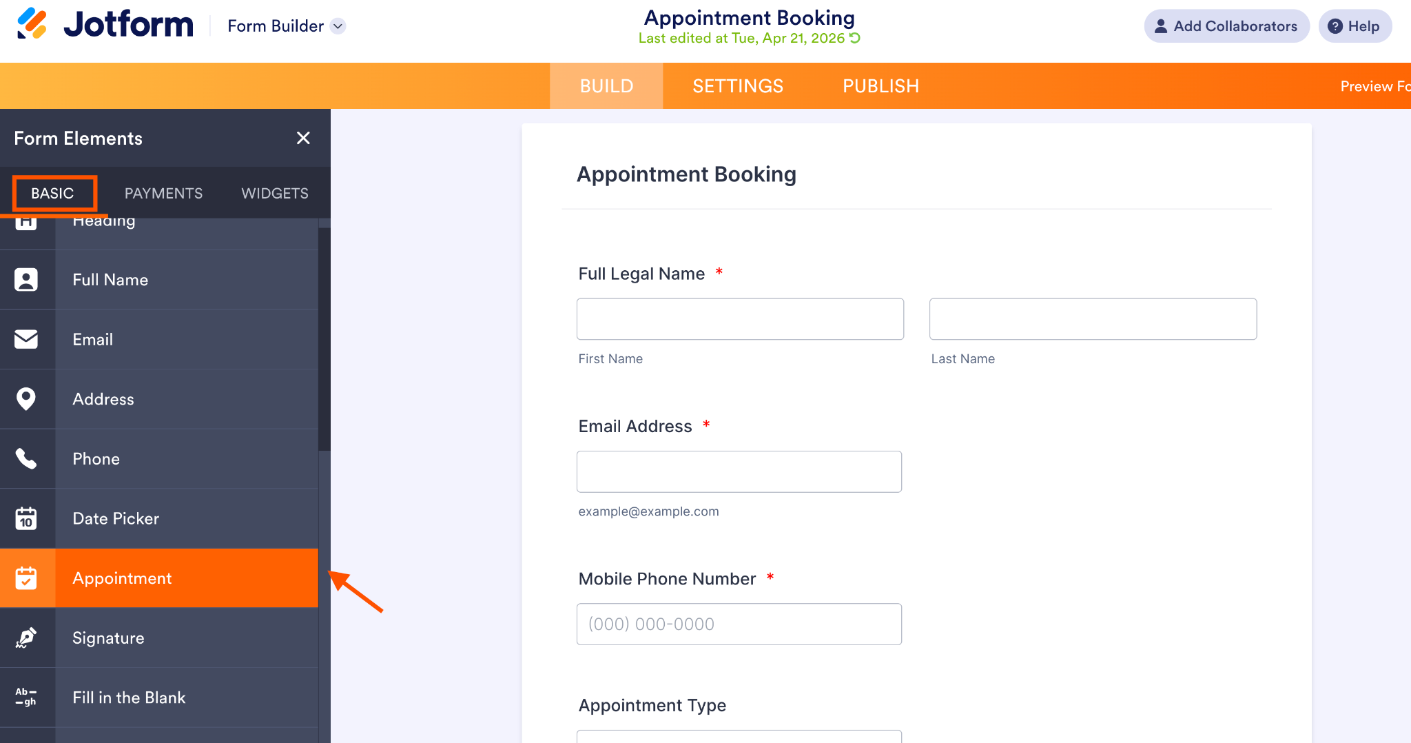Jotform Form Builder Form Elements Menu Appointments Form Element