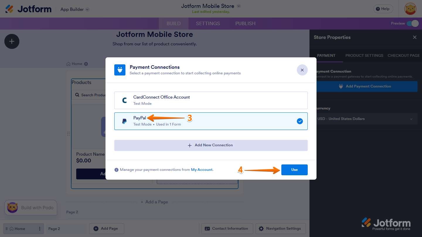 Payment Connections window in the Store Properties of the Product List element