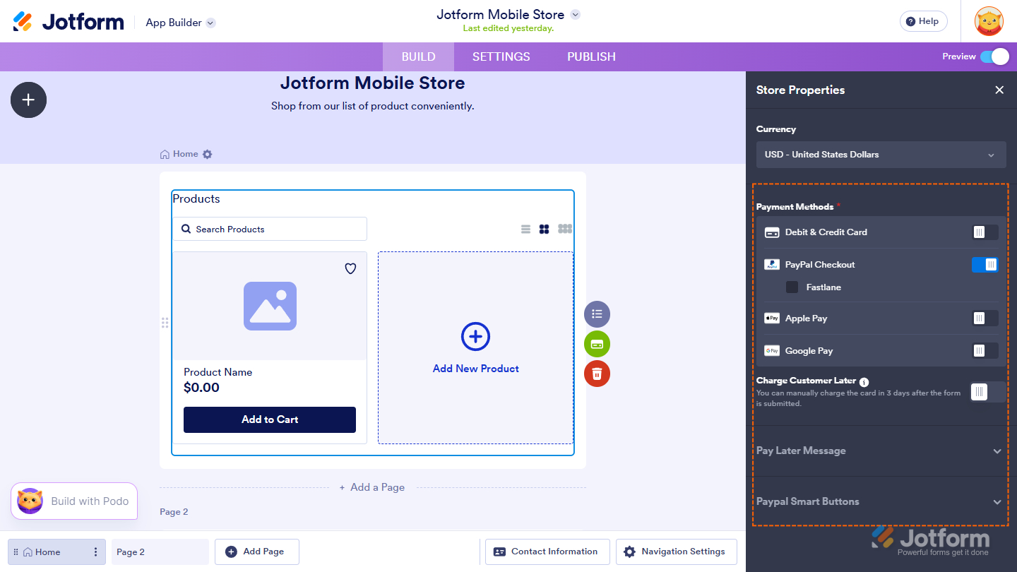Payment Gateway options in the Store Properties of the Product List element