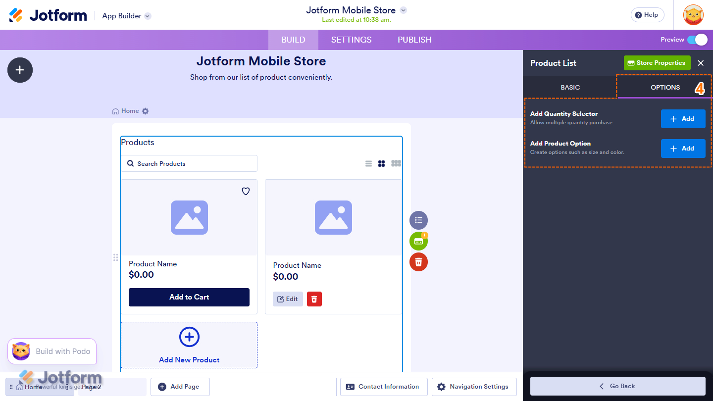 Product Options in Product List settings