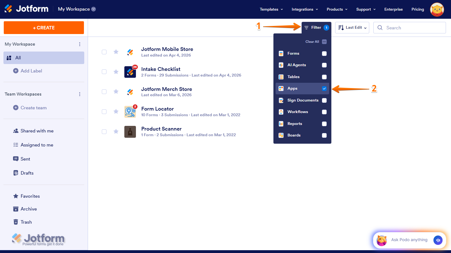 Apps filter in Workspace page