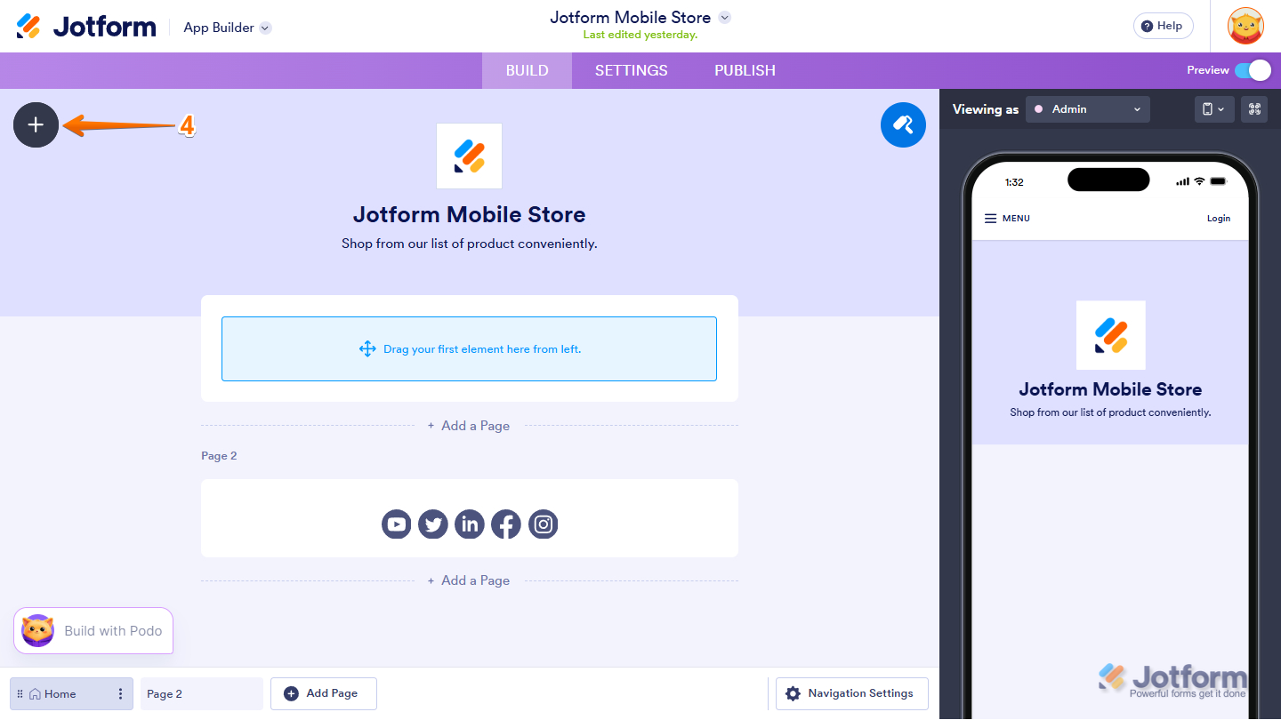 Add Element icon in Jotform App Builder