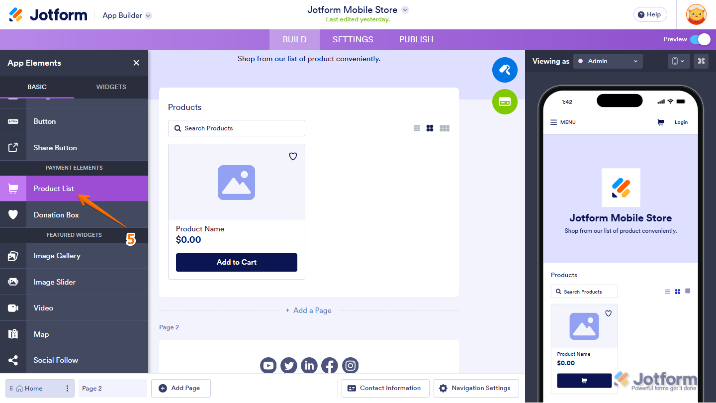 Product List element in Jotform App Builder