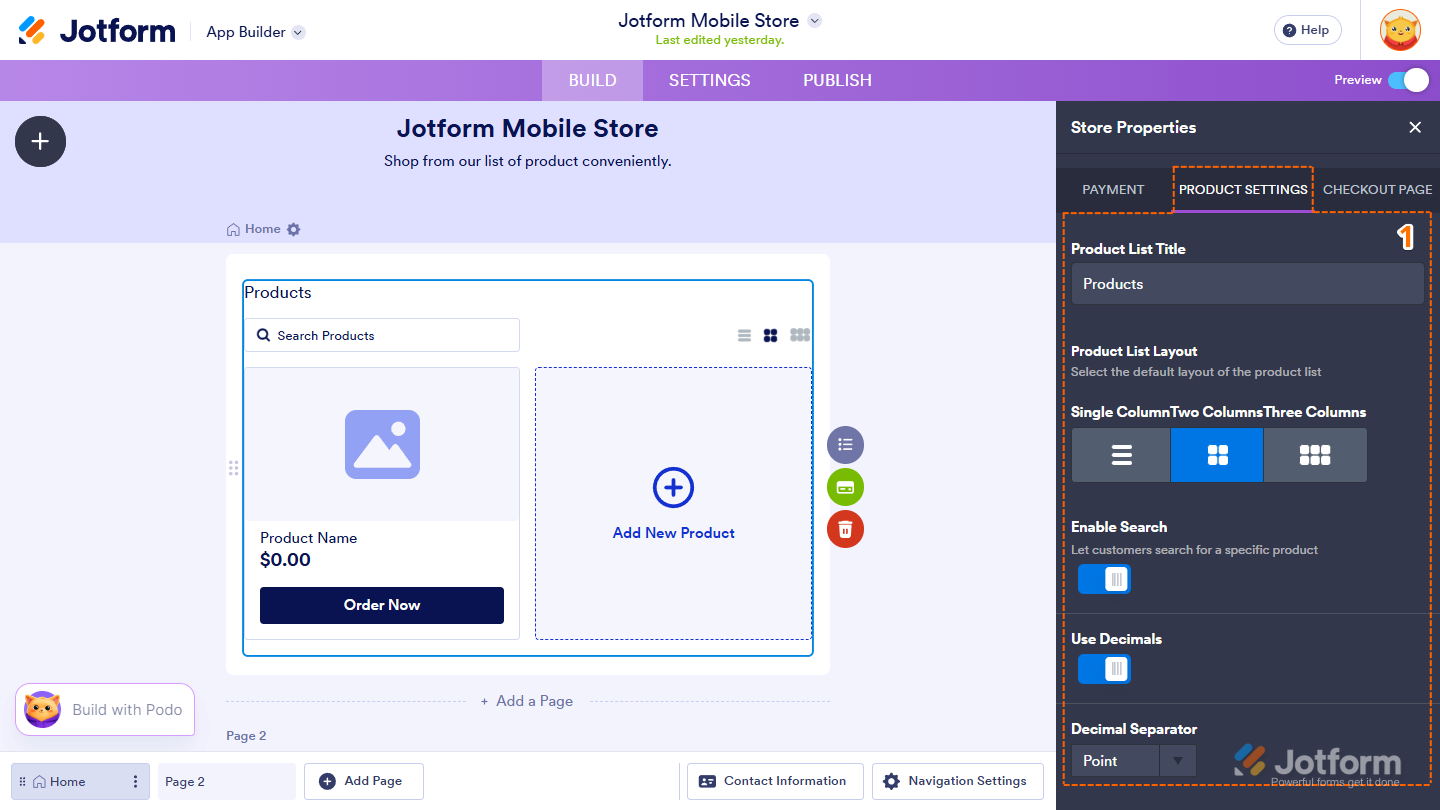Product Settings tab in the Store Properties of the Product List element