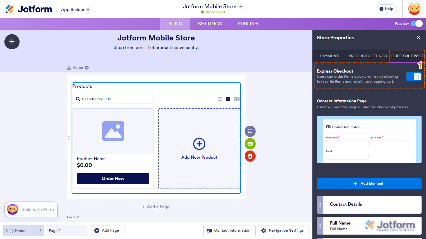 Checkout Page tab in the Store Properties of the Product List element