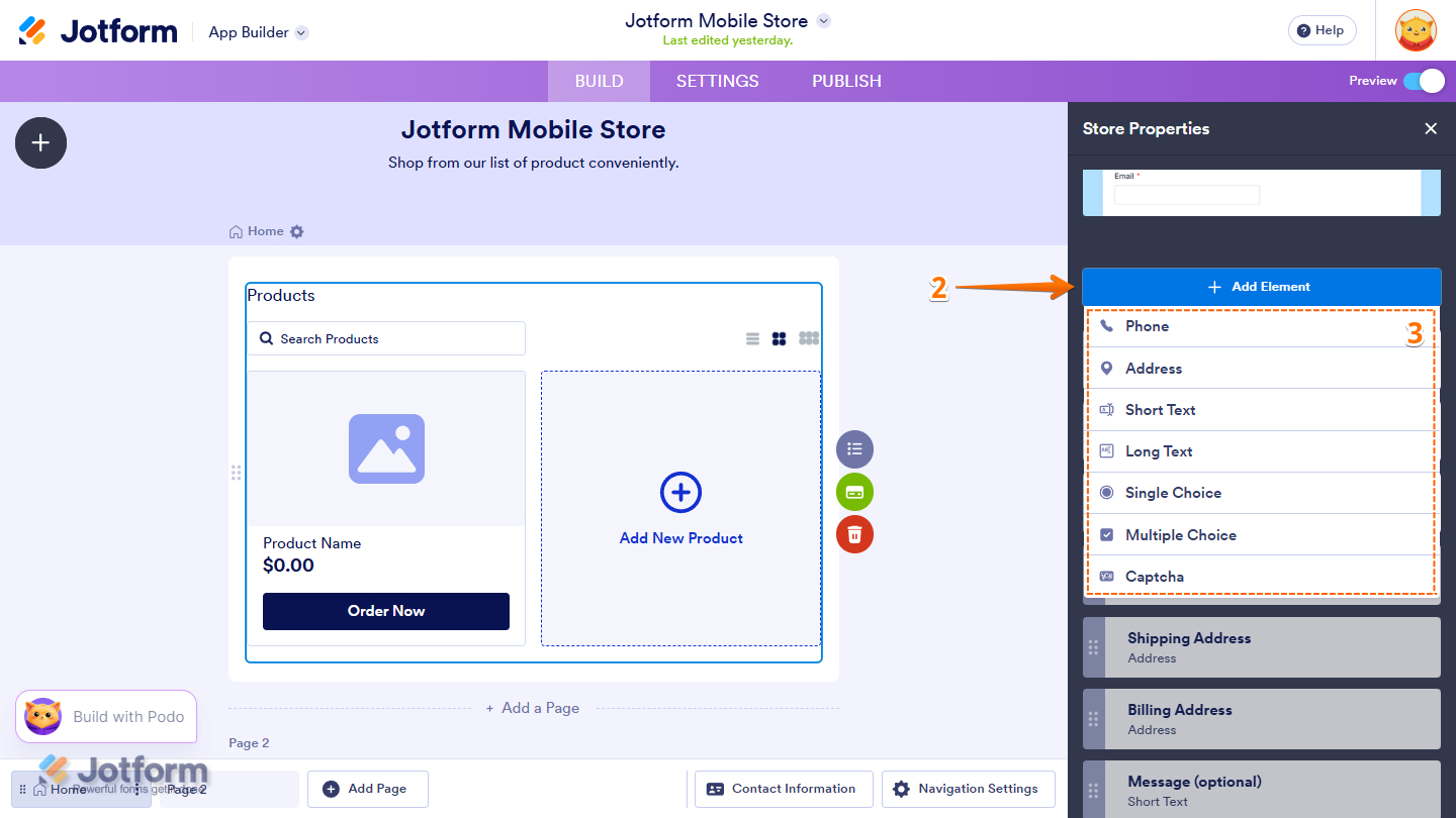 Add Element in the Checkout Page settings of the Product List element